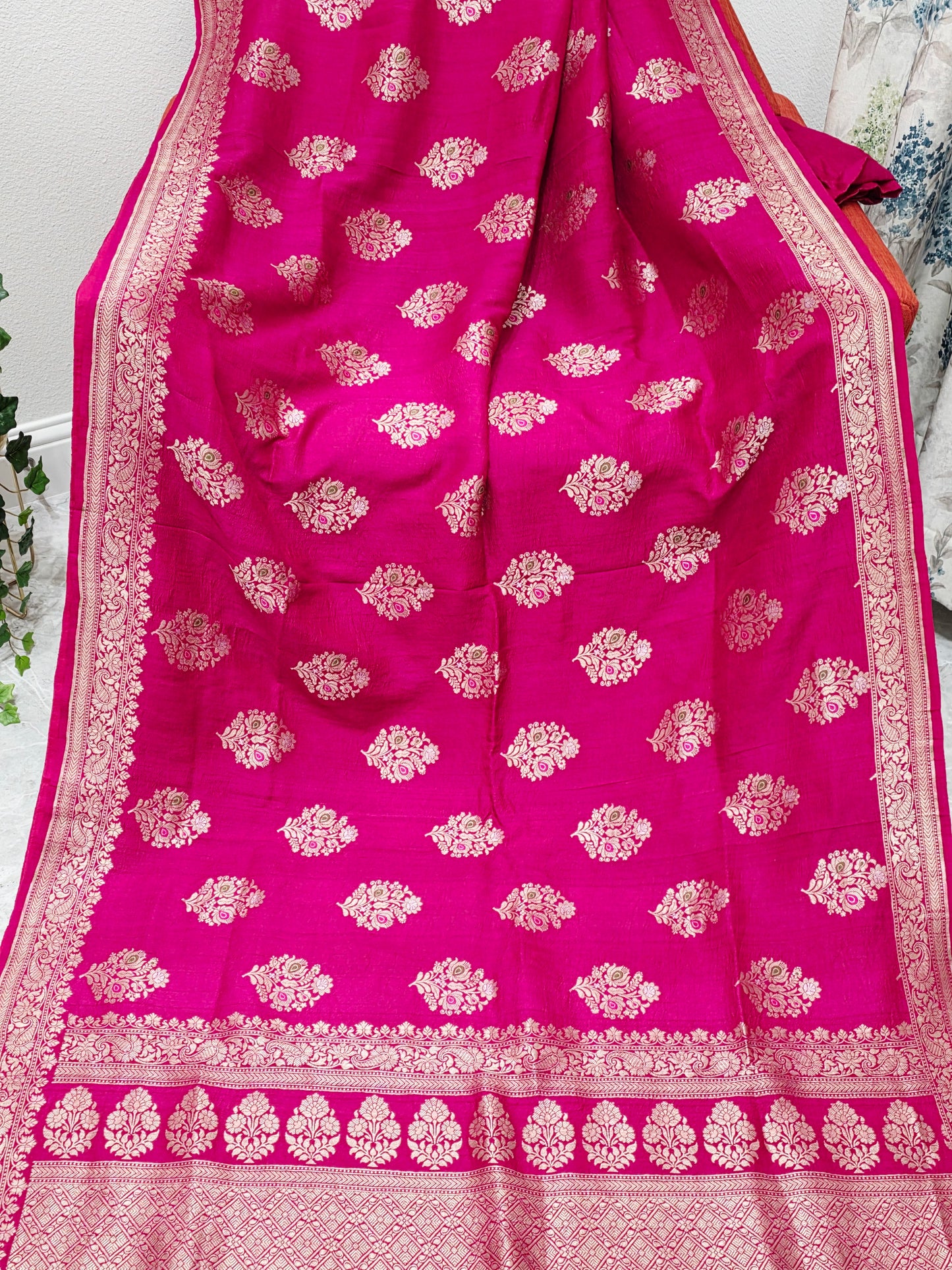 Royal Fuchsia Magenta Tussar Georgette Saree with Gold Zari Border