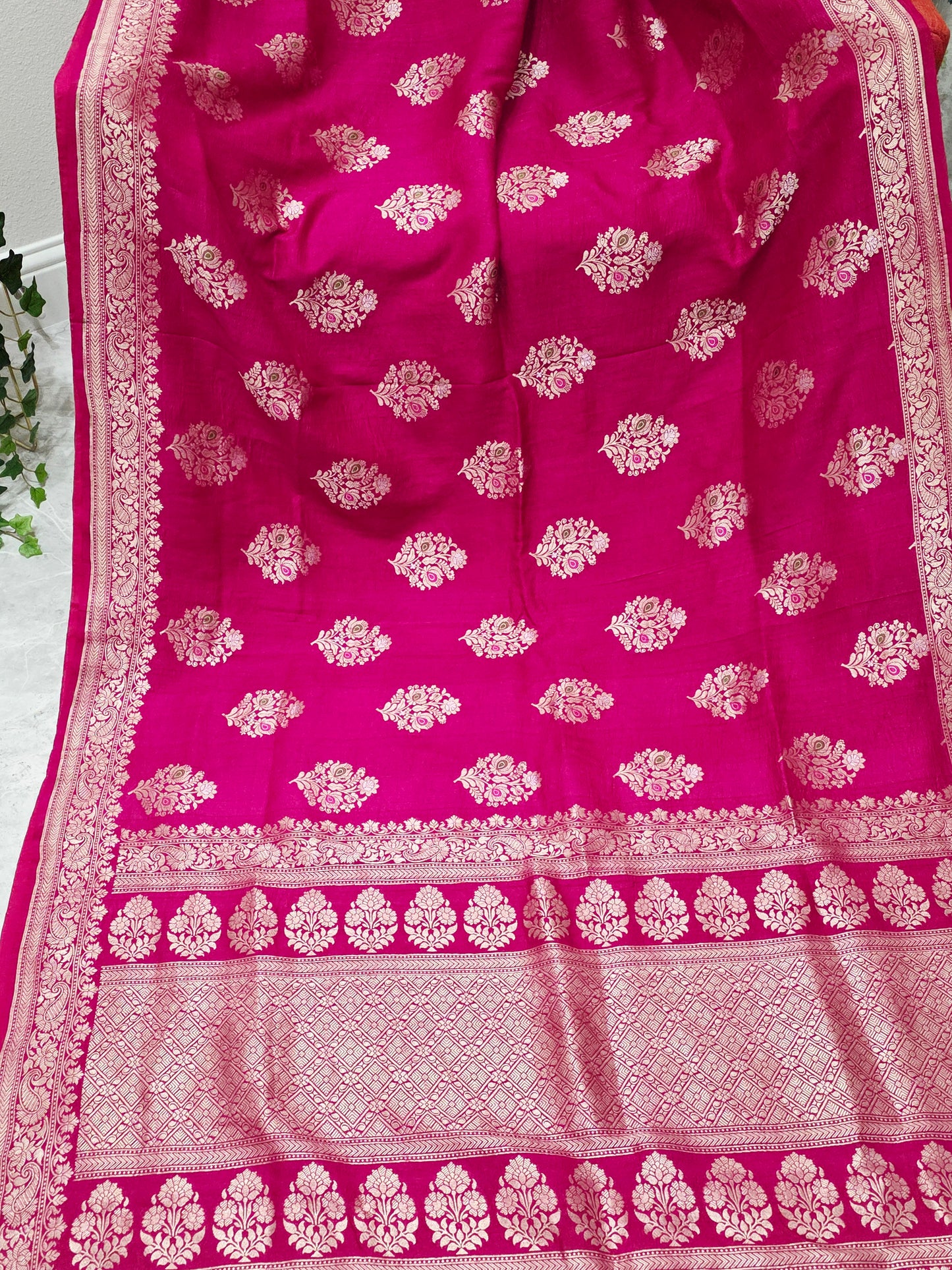 Royal Fuchsia Magenta Tussar Georgette Saree with Gold Zari Border