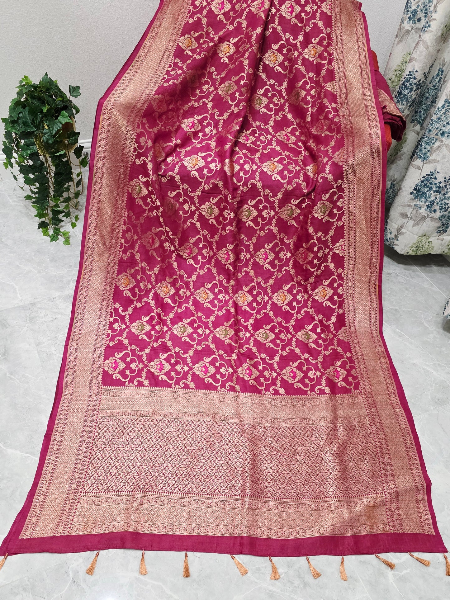 Imperial Wine Berry Pure Tussar Georgette Saree with Gold Zari