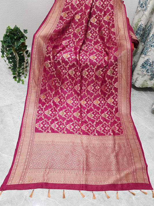 Imperial Wine Berry Pure Tussar Georgette Saree with Gold Zari