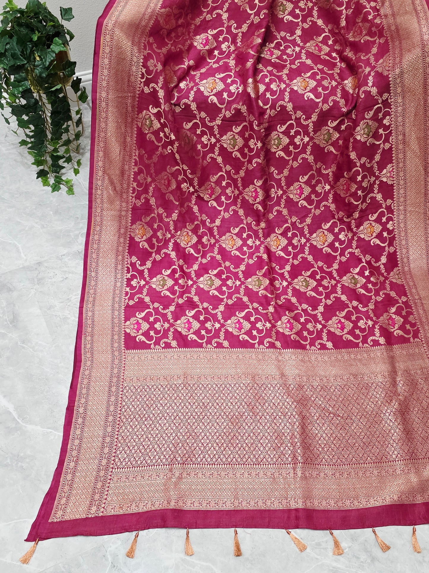 Imperial Wine Berry Pure Tussar Georgette Saree with Gold Zari
