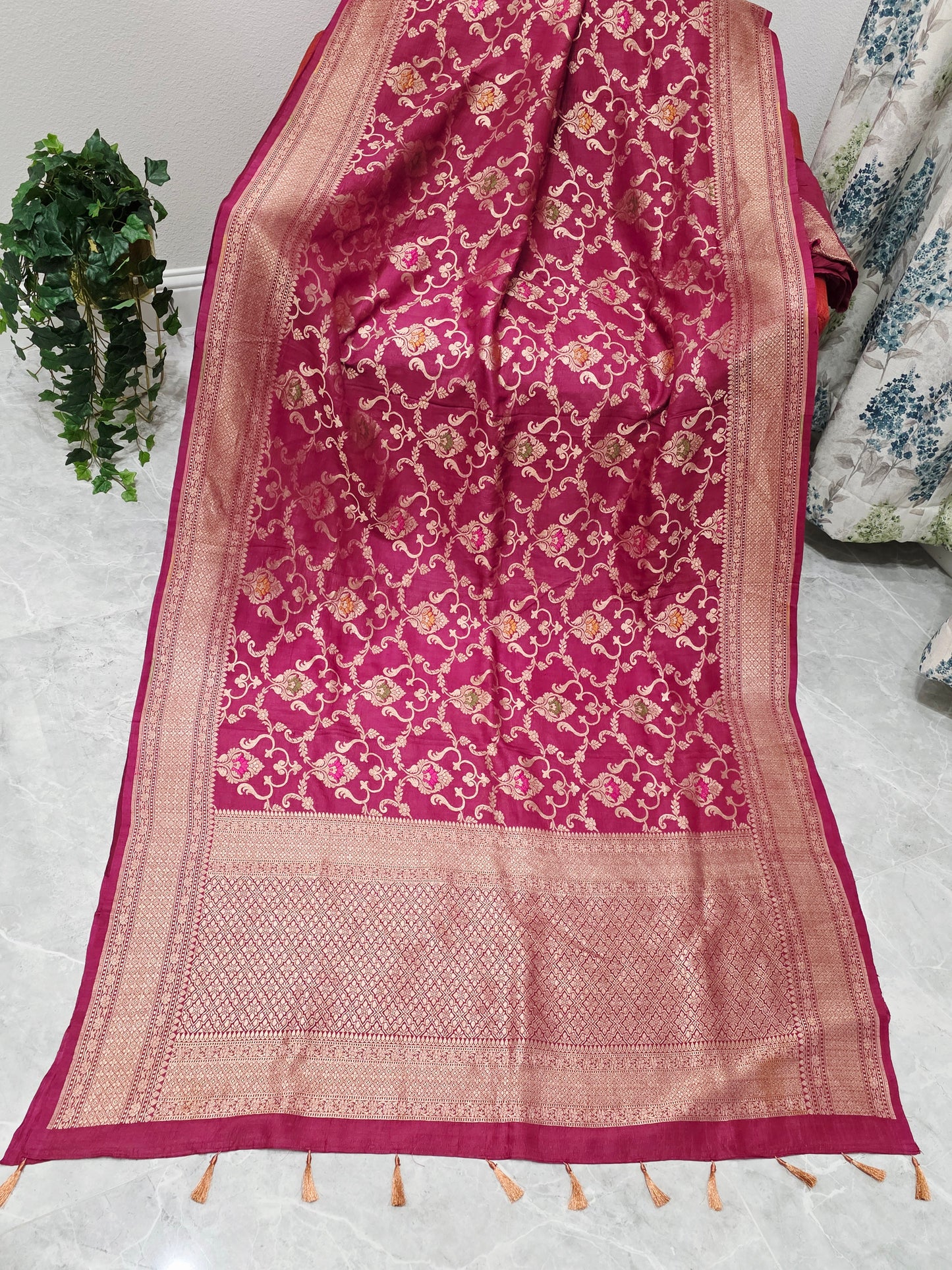 Imperial Wine Berry Pure Tussar Georgette Saree with Gold Zari