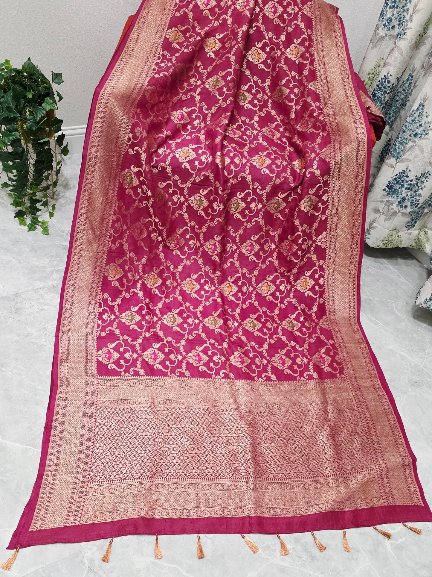 Imperial Wine Berry Pure Tussar Georgette Saree with Gold Zari