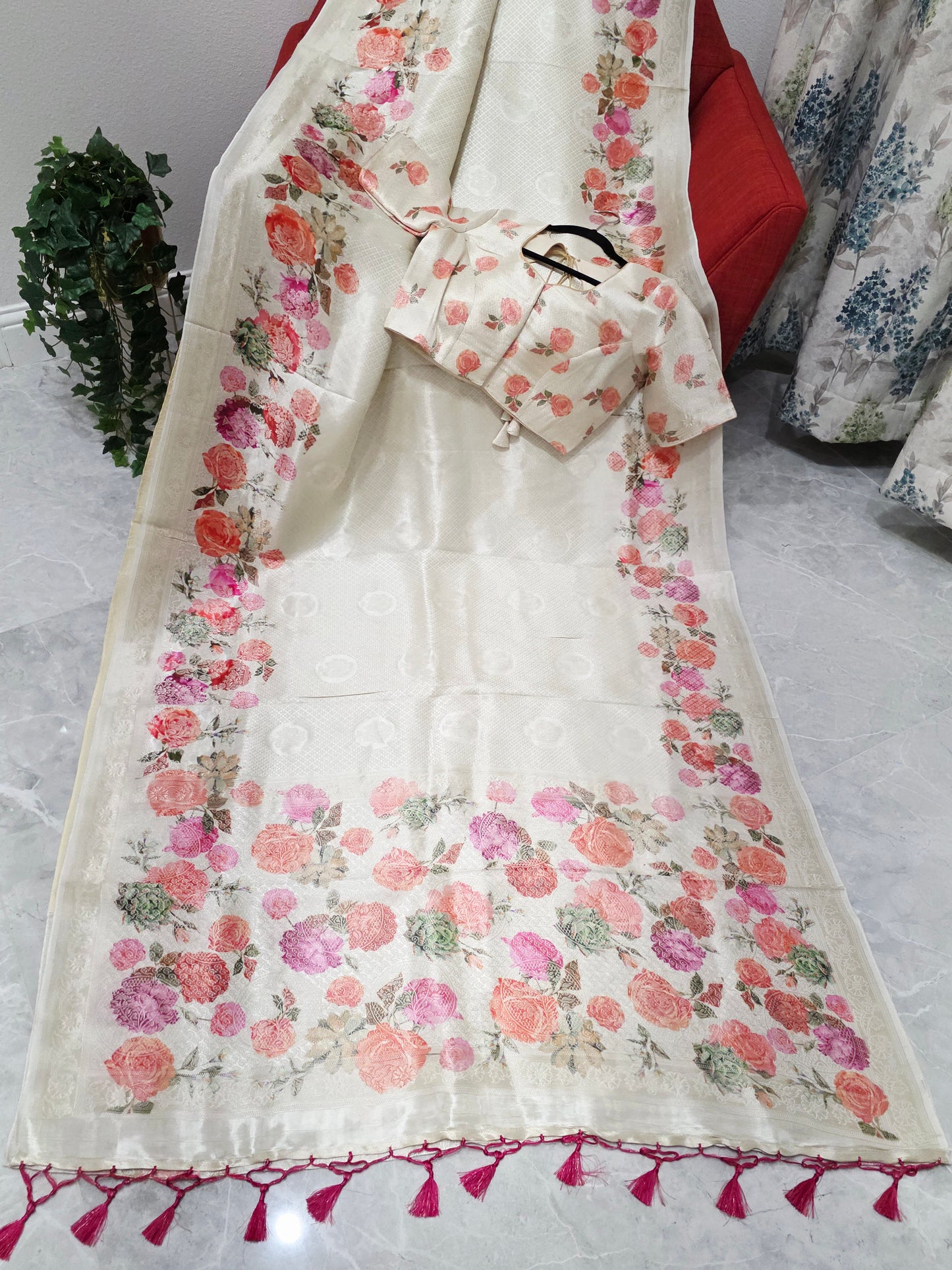 Ivory Rose Garden Munga Crepe Silk Saree with Stitched Blouse