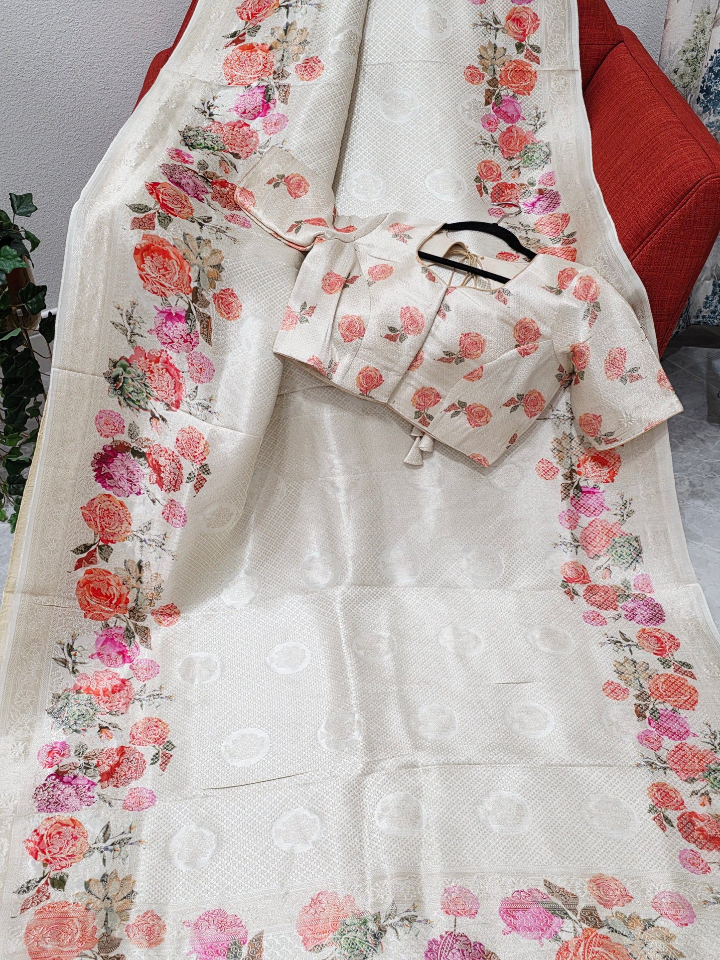 Ivory Rose Garden Munga Crepe Silk Saree with Stitched Blouse