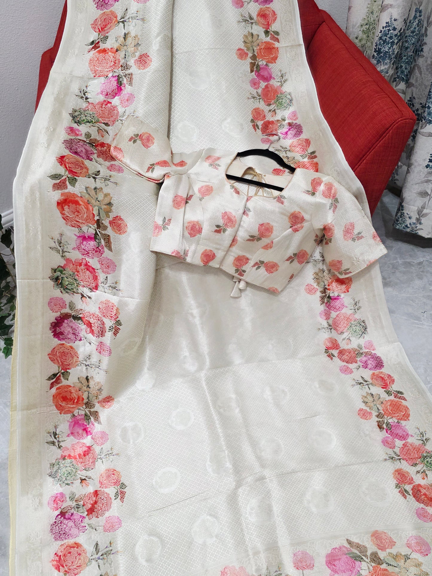 Ivory Rose Garden Munga Crepe Silk Saree with Stitched Blouse