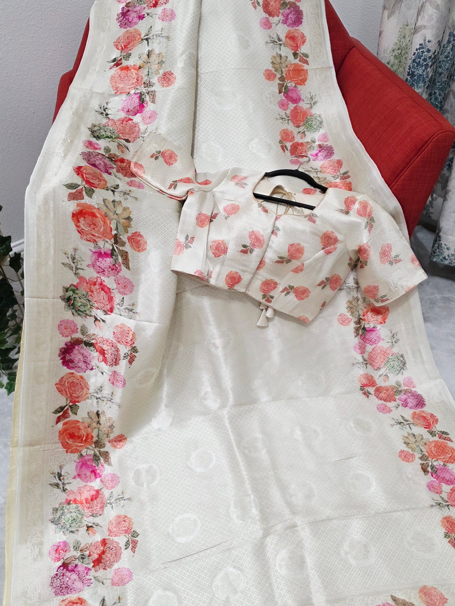 Ivory Rose Garden Munga Crepe Silk Saree with Stitched Blouse
