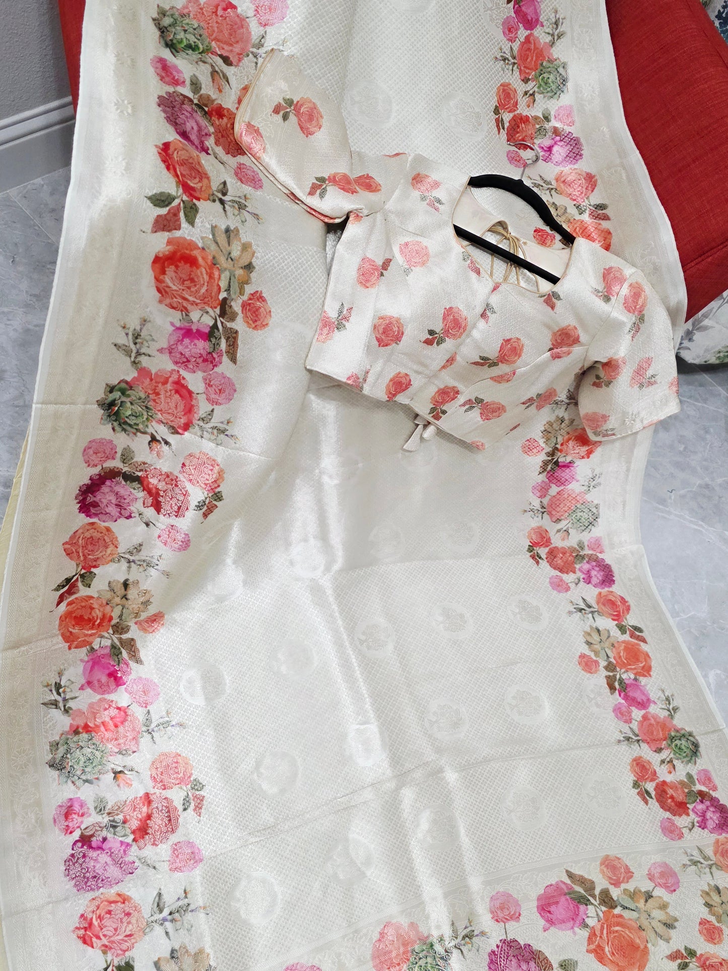 Ivory Rose Garden Munga Crepe Silk Saree with Stitched Blouse