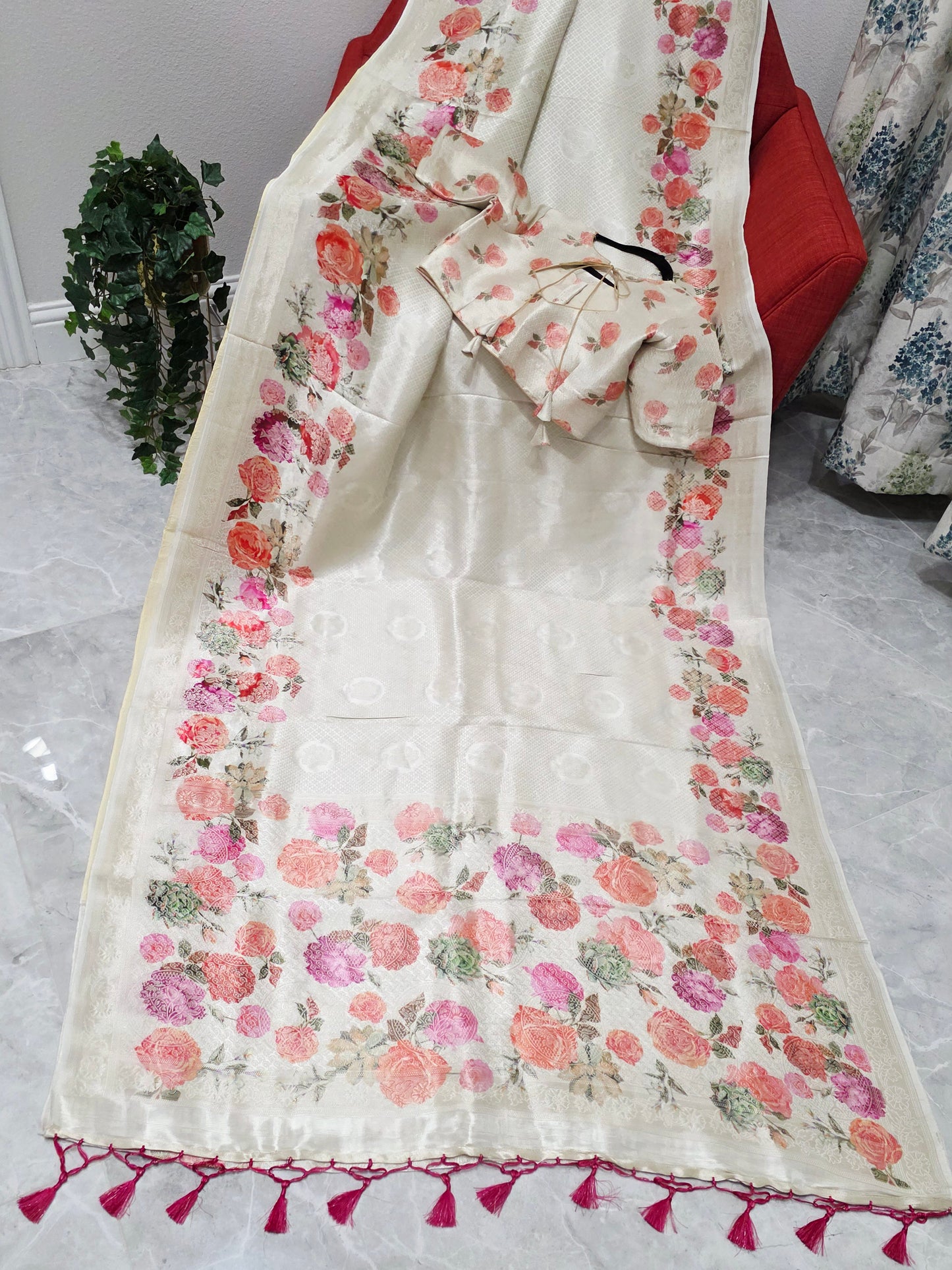 Ivory Rose Garden Munga Crepe Silk Saree with Stitched Blouse