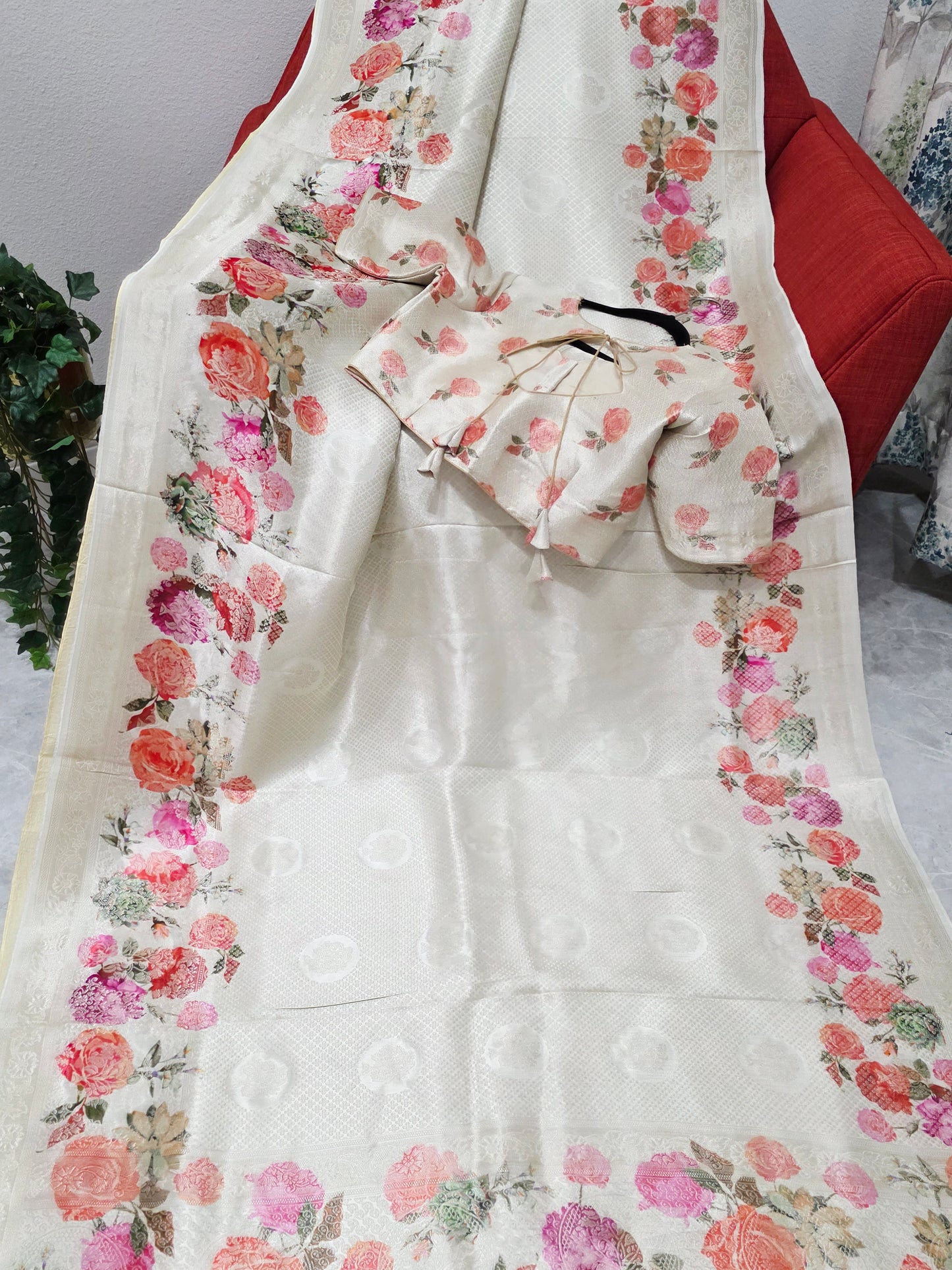 Ivory Rose Garden Munga Crepe Silk Saree with Stitched Blouse