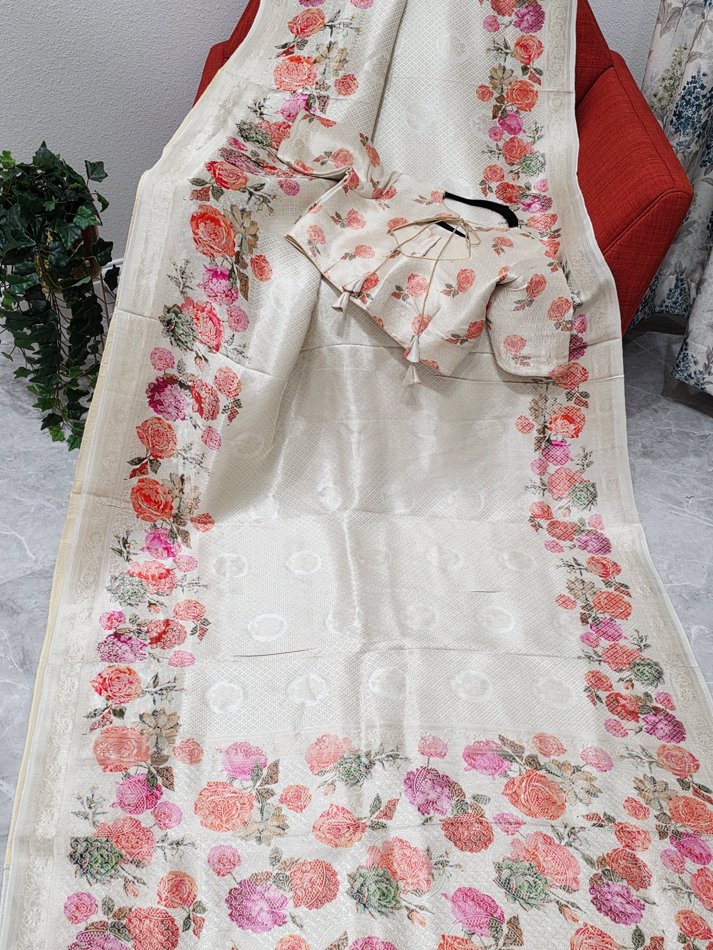 Ivory Rose Garden Munga Crepe Silk Saree with Stitched Blouse