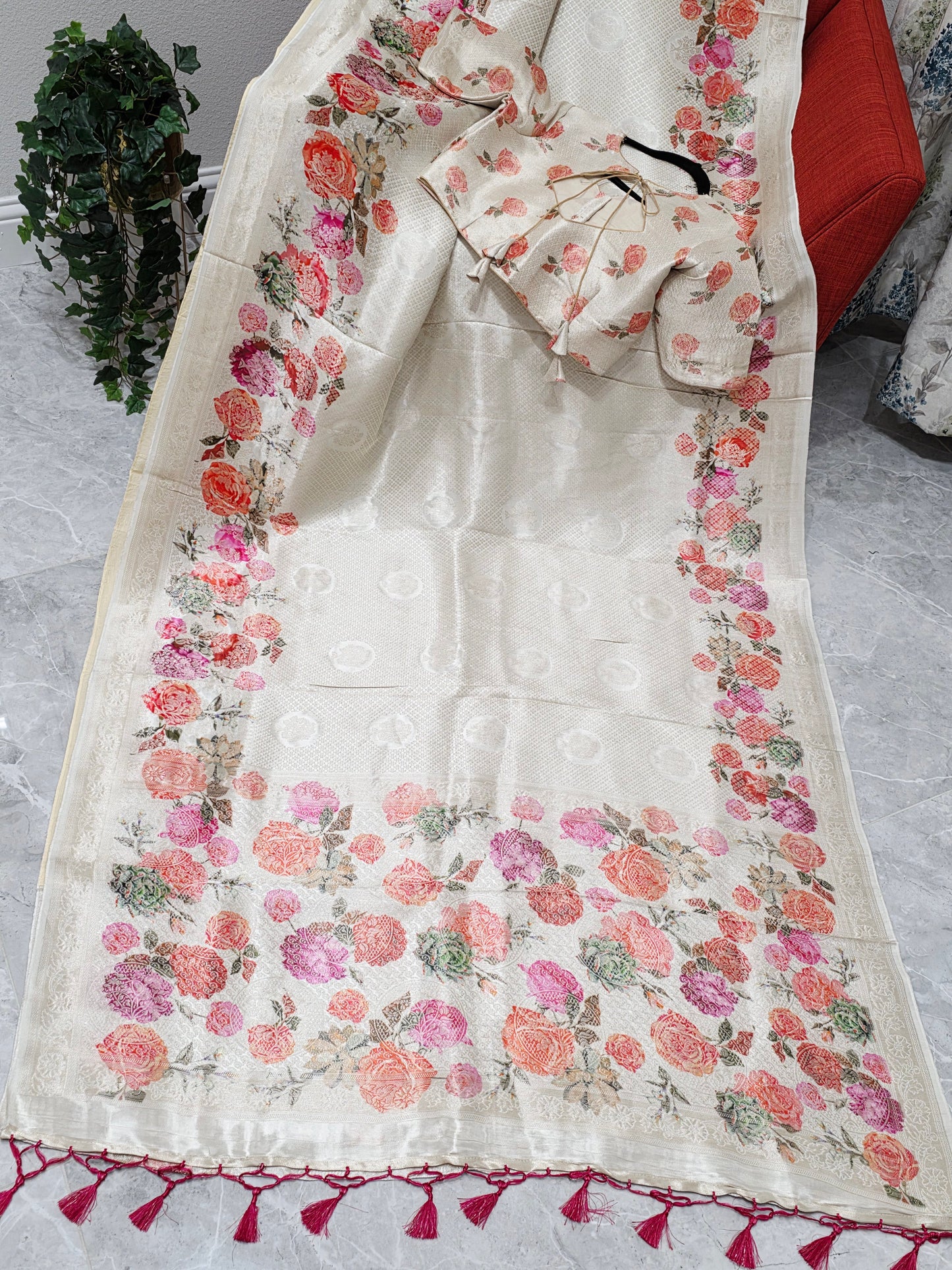 Ivory Rose Garden Munga Crepe Silk Saree with Stitched Blouse