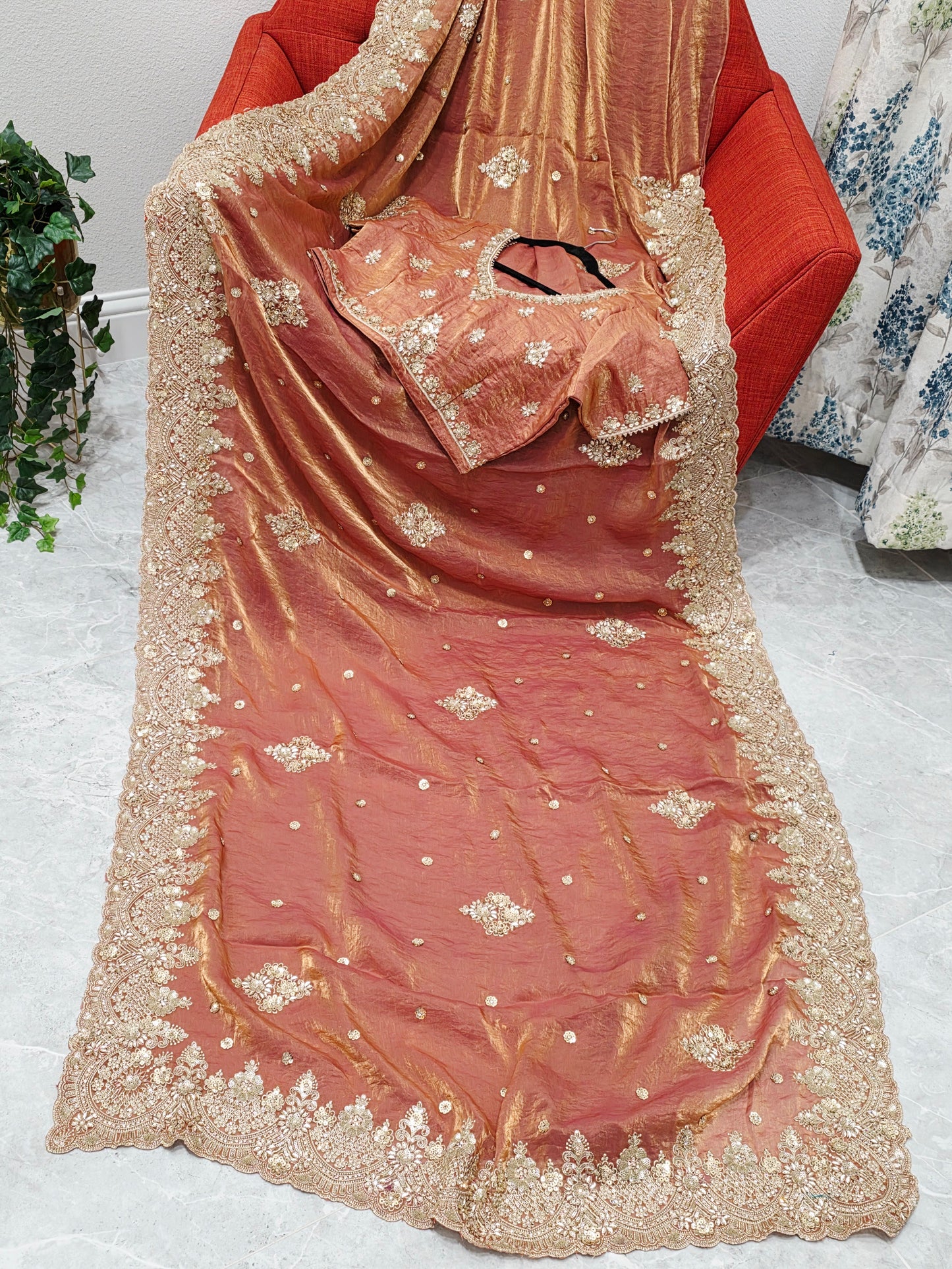 Antique Rose Gold Peach Space Silk Sequin Saree with Stitched Blouse