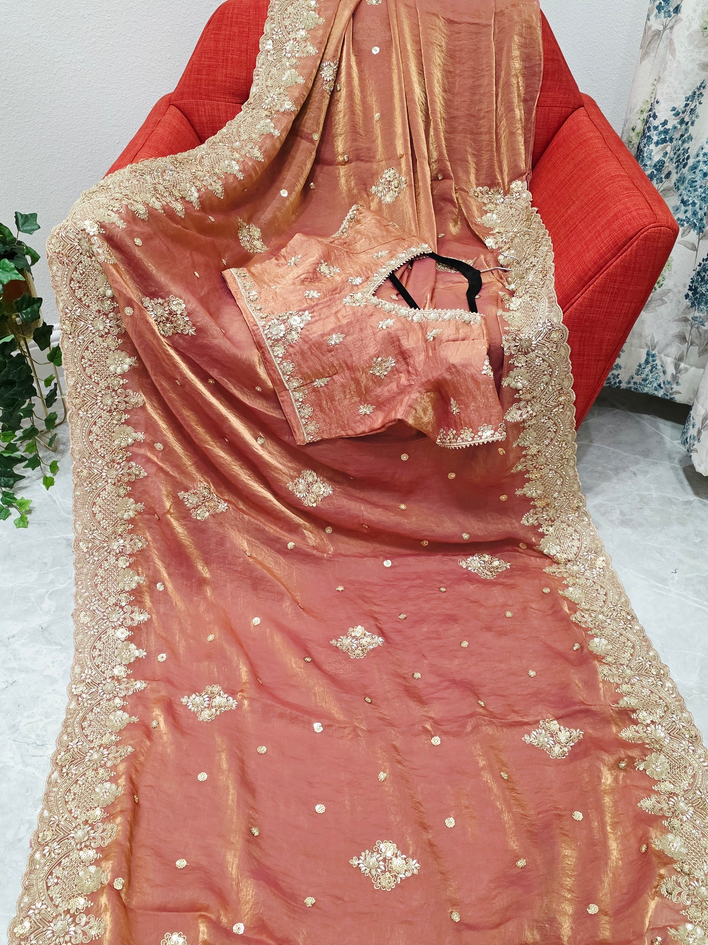 Antique Rose Gold Peach Space Silk Sequin Saree with Stitched Blouse