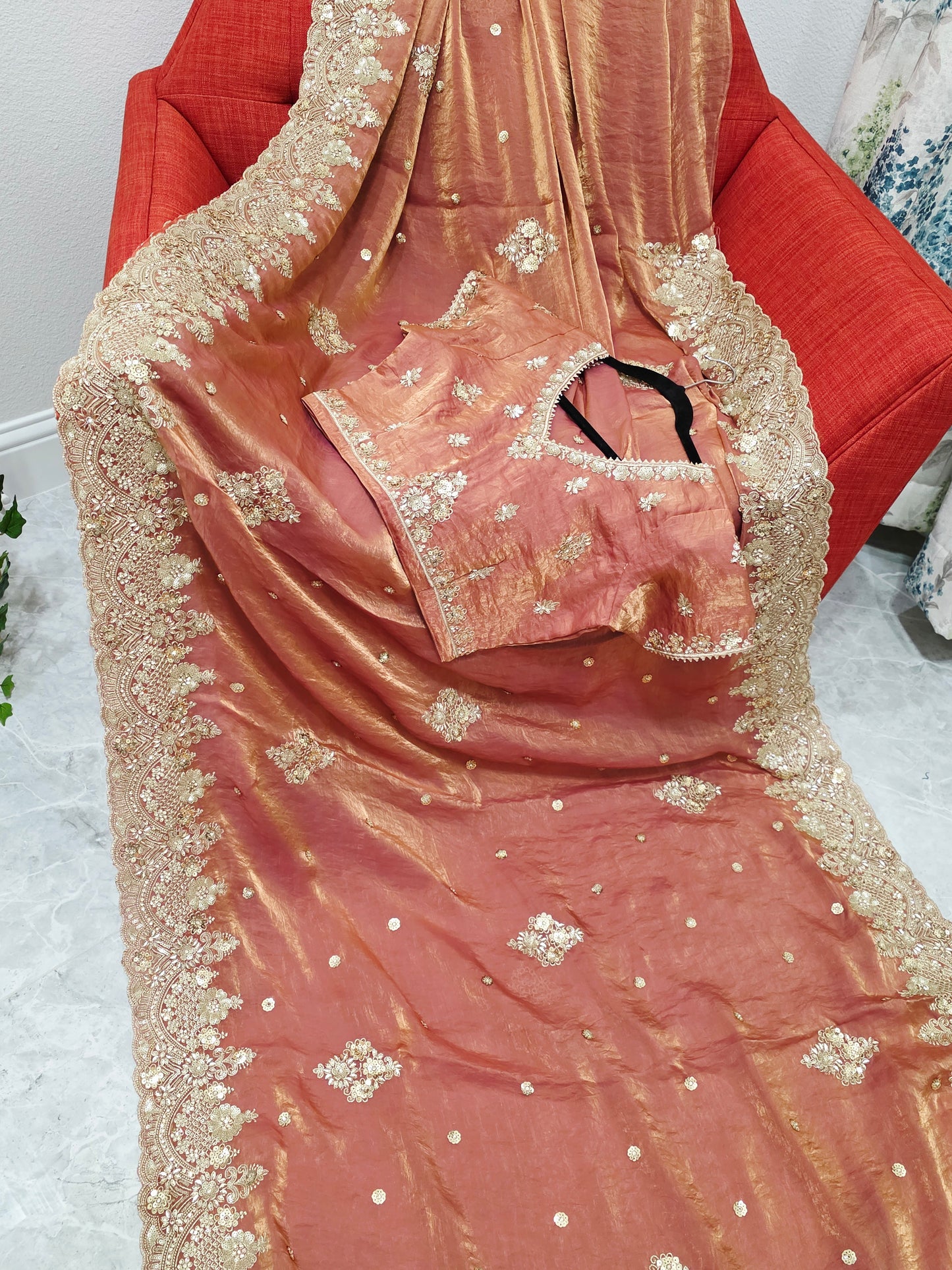 Antique Rose Gold Peach Space Silk Sequin Saree with Stitched Blouse