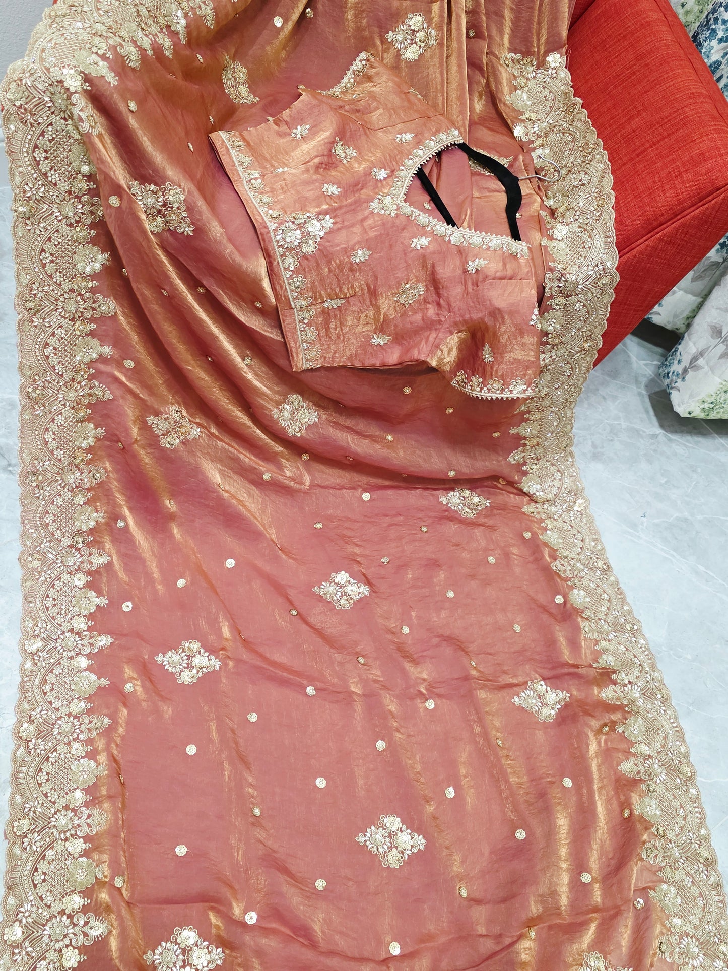Antique Rose Gold Peach Space Silk Sequin Saree with Stitched Blouse