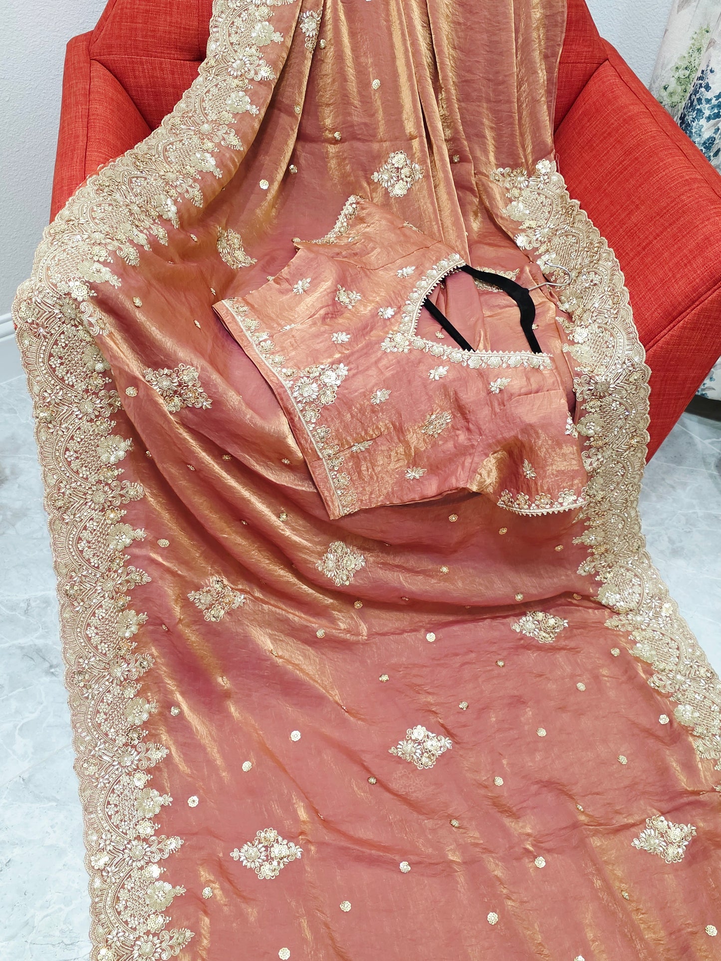 Antique Rose Gold Peach Space Silk Sequin Saree with Stitched Blouse