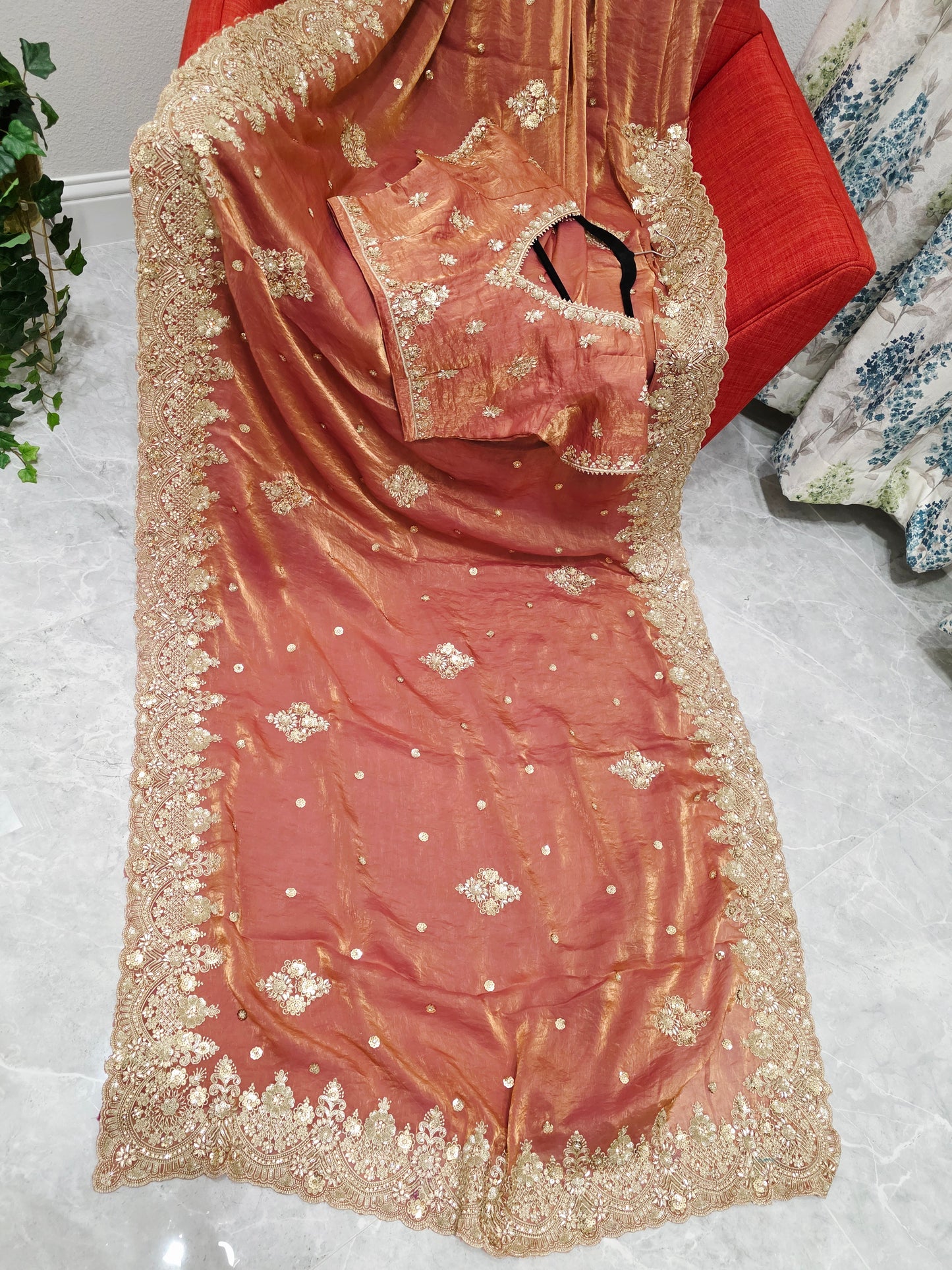 Antique Rose Gold Peach Space Silk Sequin Saree with Stitched Blouse
