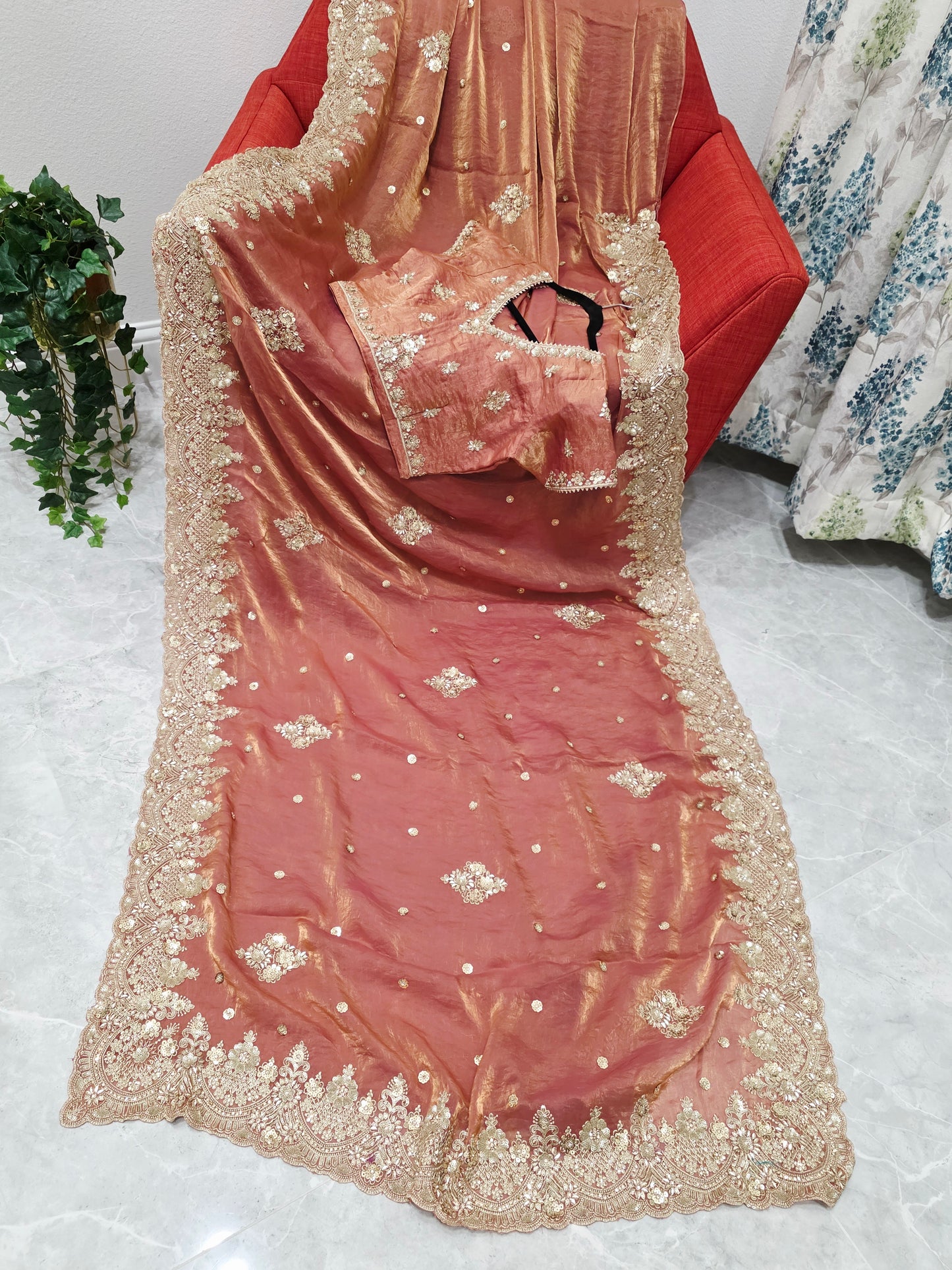 Antique Rose Gold Peach Space Silk Sequin Saree with Stitched Blouse