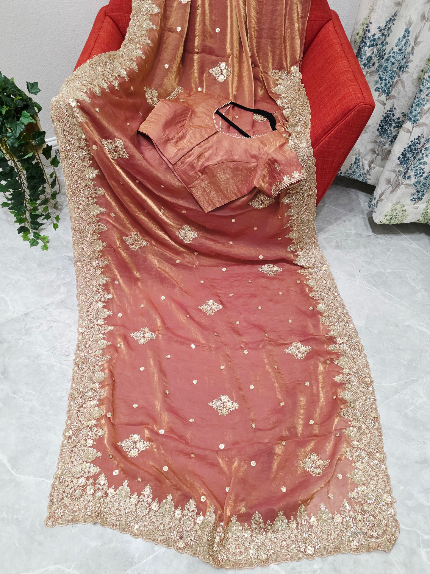 Antique Rose Gold Peach Space Silk Sequin Saree with Stitched Blouse