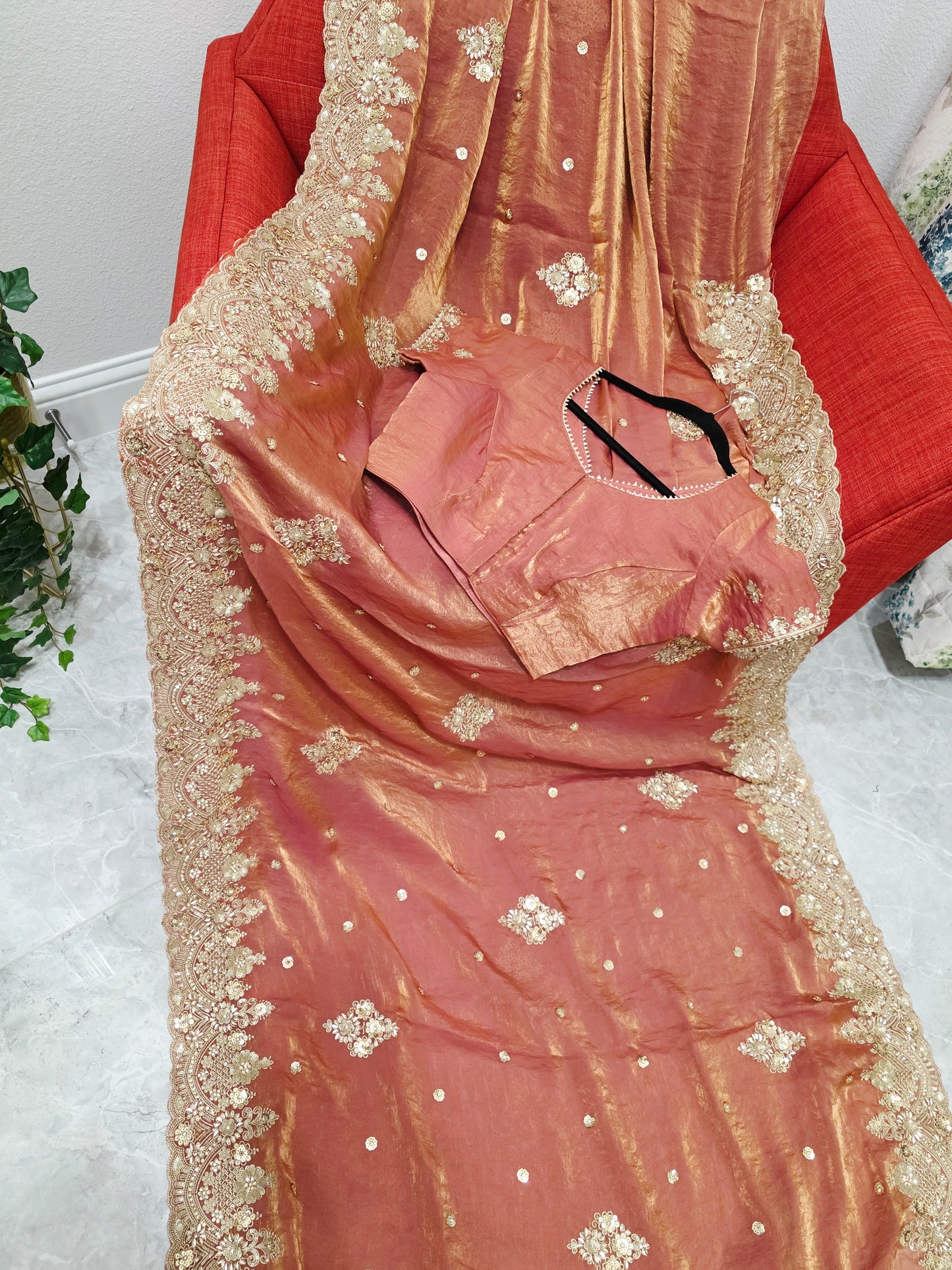 Antique Rose Gold Peach Space Silk Sequin Saree with Stitched Blouse