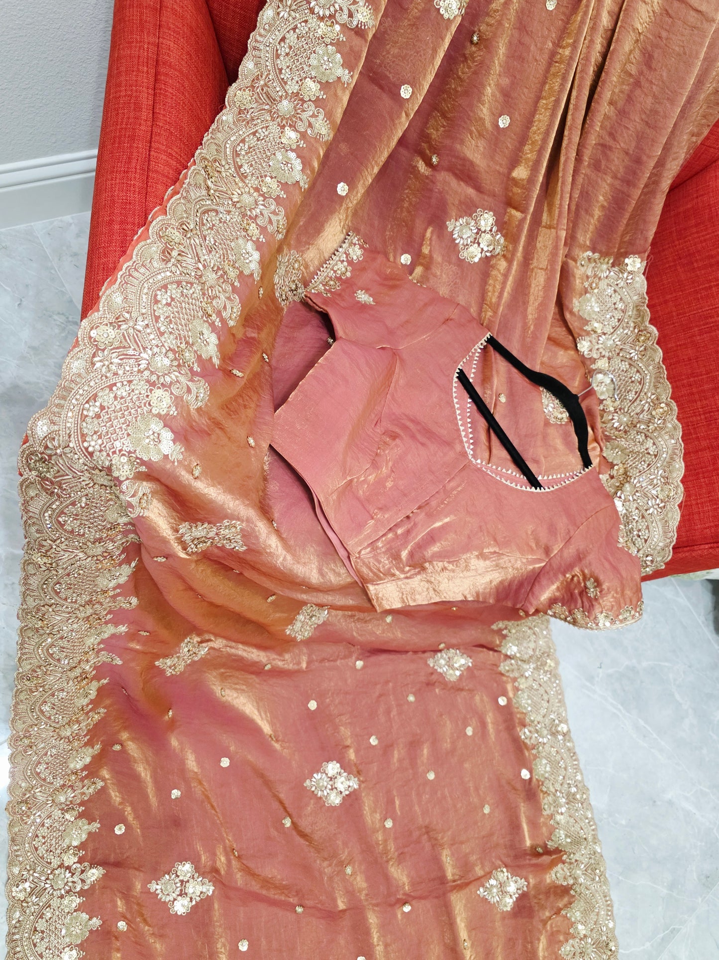 Antique Rose Gold Peach Space Silk Sequin Saree with Stitched Blouse