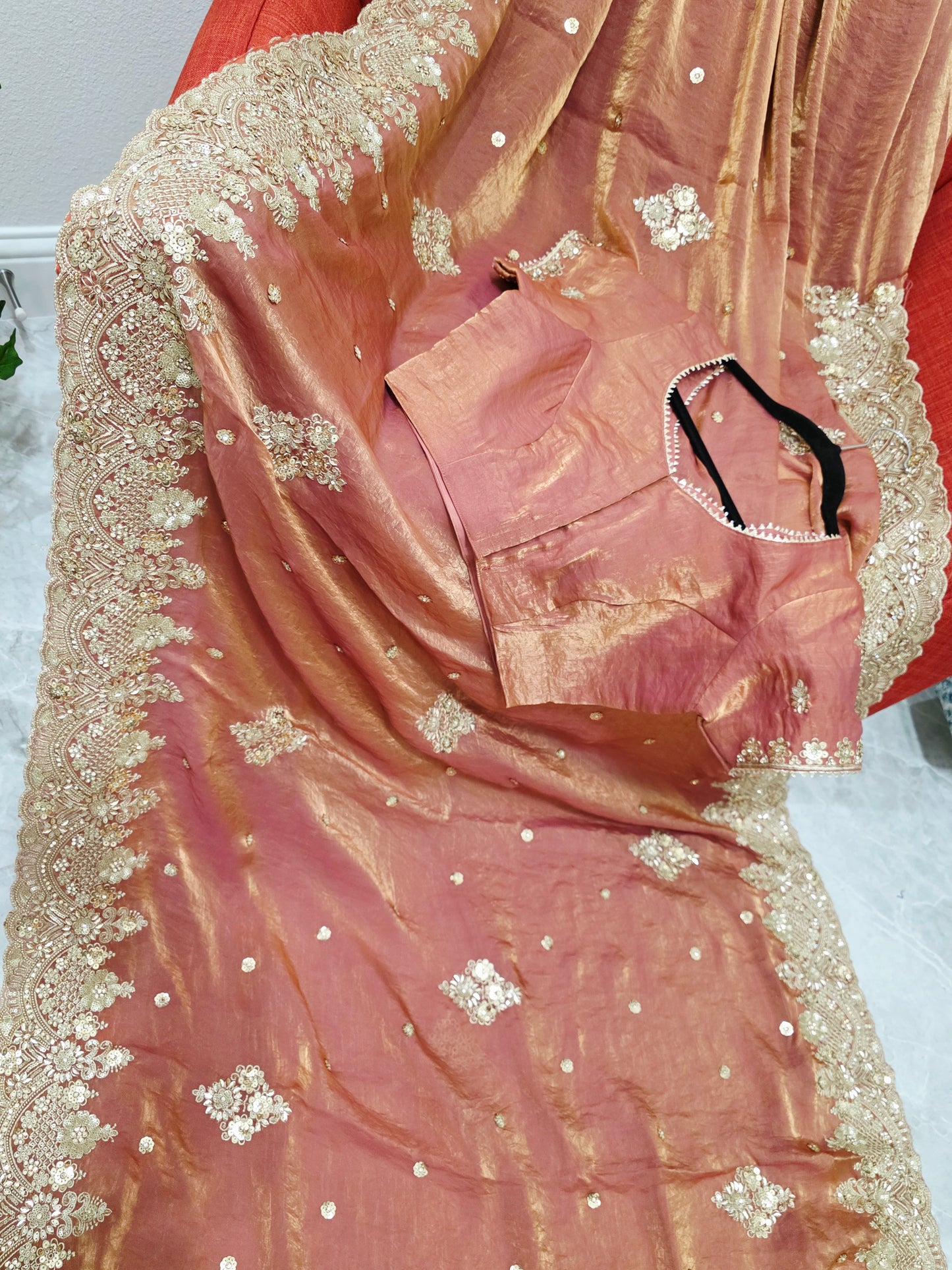 Antique Rose Gold Peach Space Silk Sequin Saree with Stitched Blouse