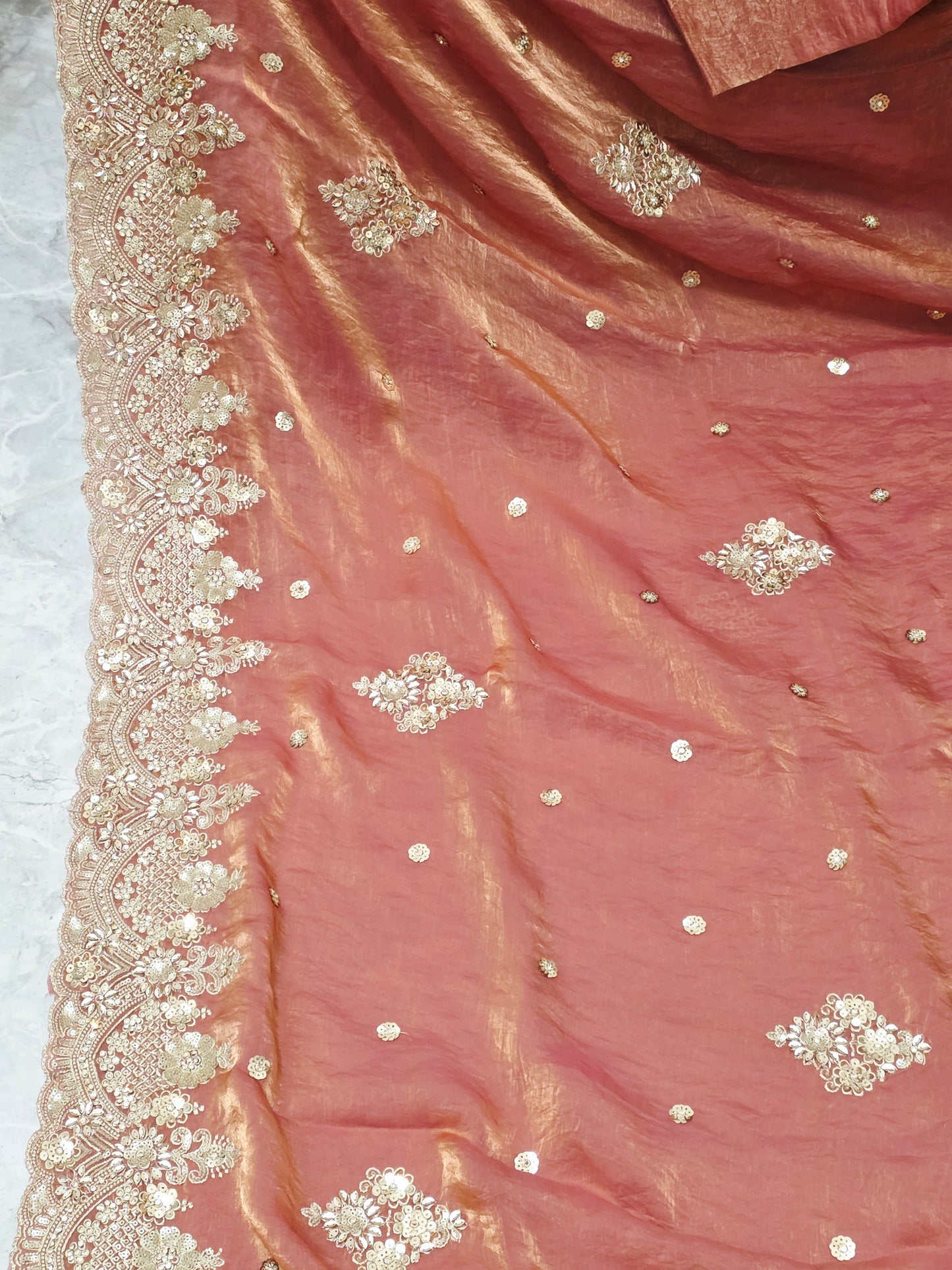 Antique Rose Gold Peach Space Silk Sequin Saree with Stitched Blouse