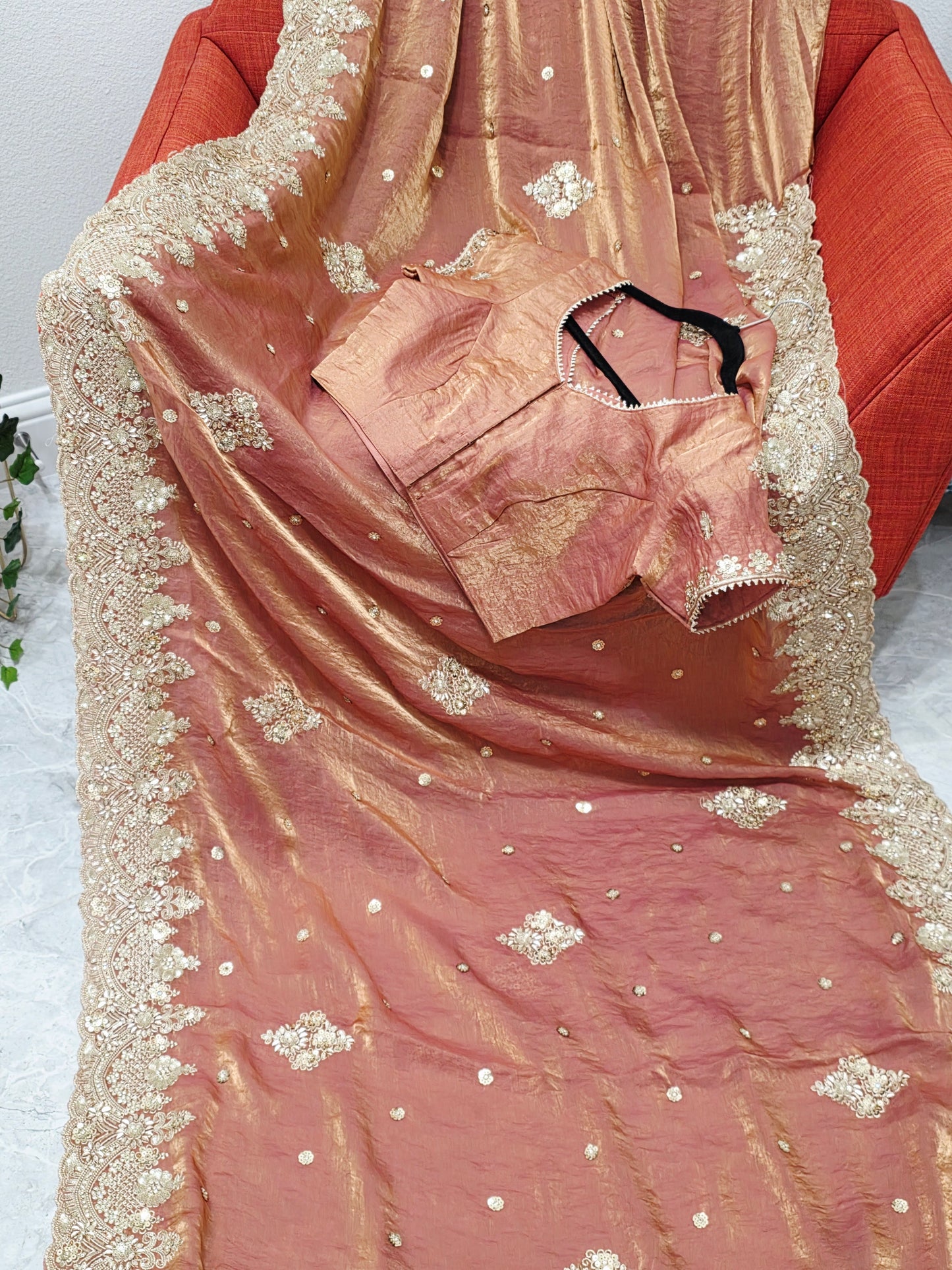 Antique Rose Gold Peach Space Silk Sequin Saree with Stitched Blouse