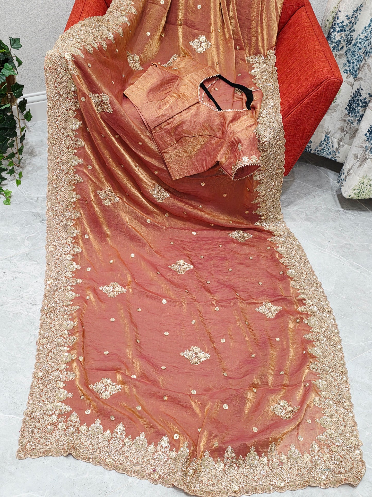 Antique Rose Gold Peach Space Silk Sequin Saree with Stitched Blouse