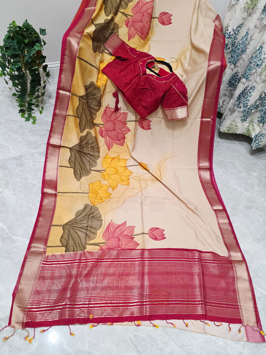 Champagne Peach Lotus Print Ruby Silk Saree with Stitched Blouse