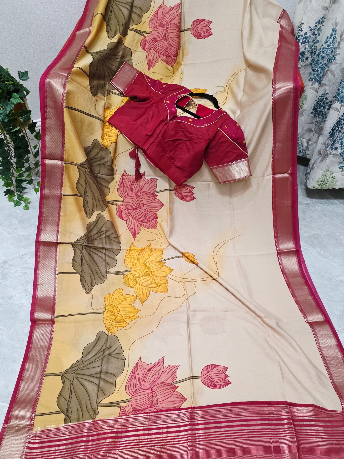 Champagne Peach Lotus Print Ruby Silk Saree with Stitched Blouse