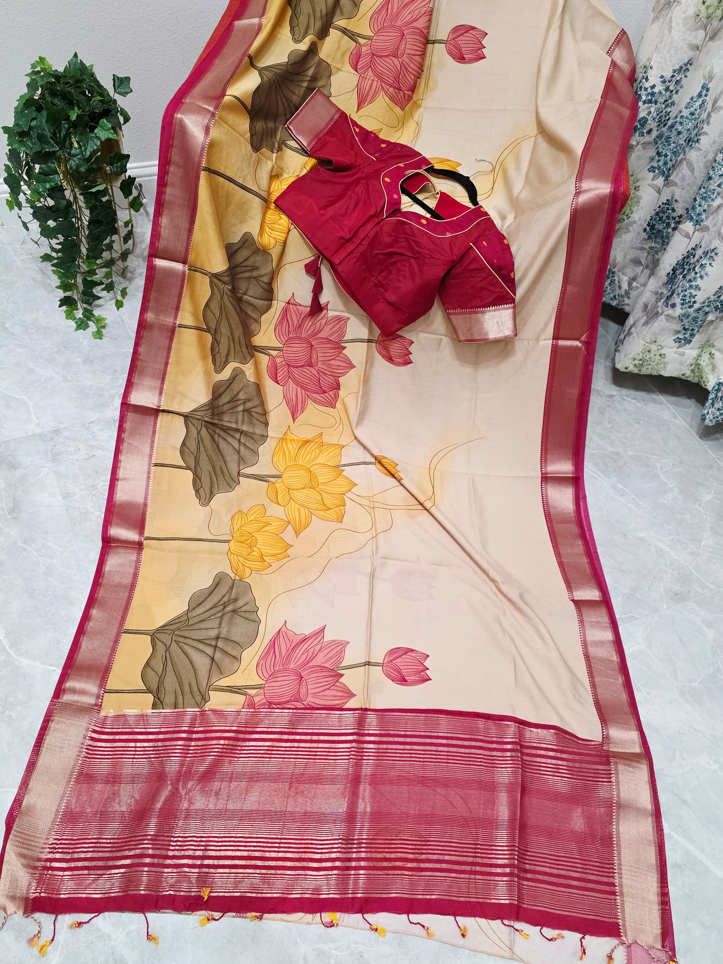 Champagne Peach Lotus Print Ruby Silk Saree with Stitched Blouse
