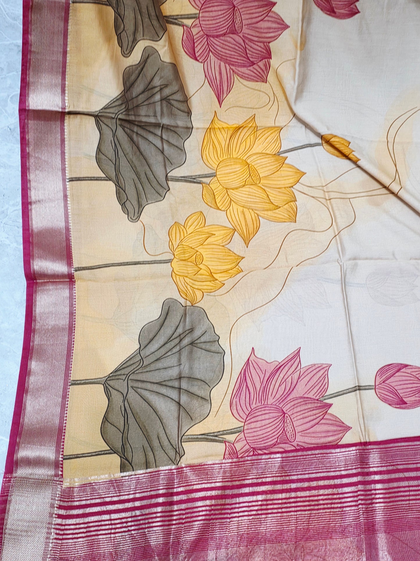 Champagne Peach Lotus Print Ruby Silk Saree with Stitched Blouse