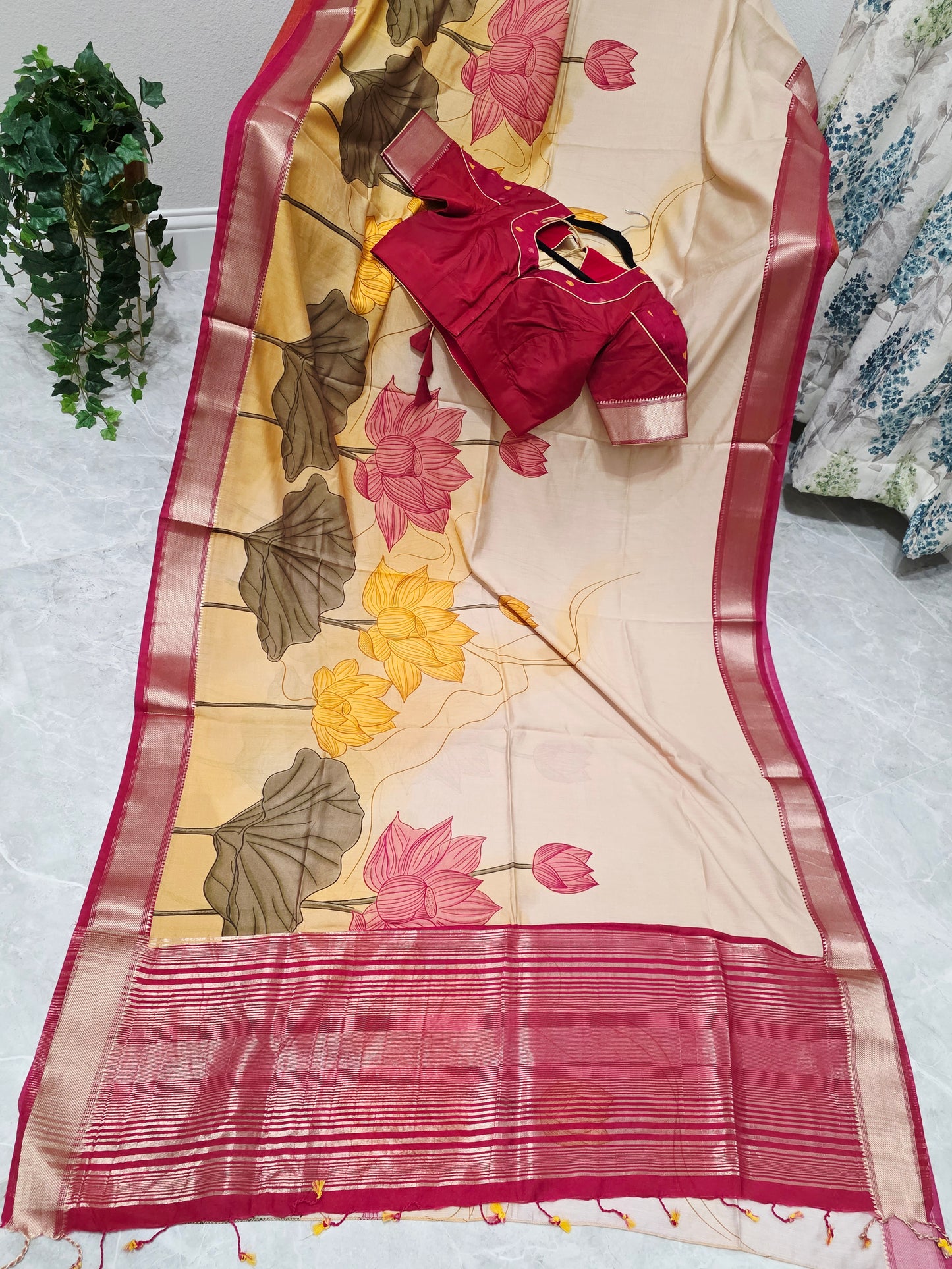 Champagne Peach Lotus Print Ruby Silk Saree with Stitched Blouse