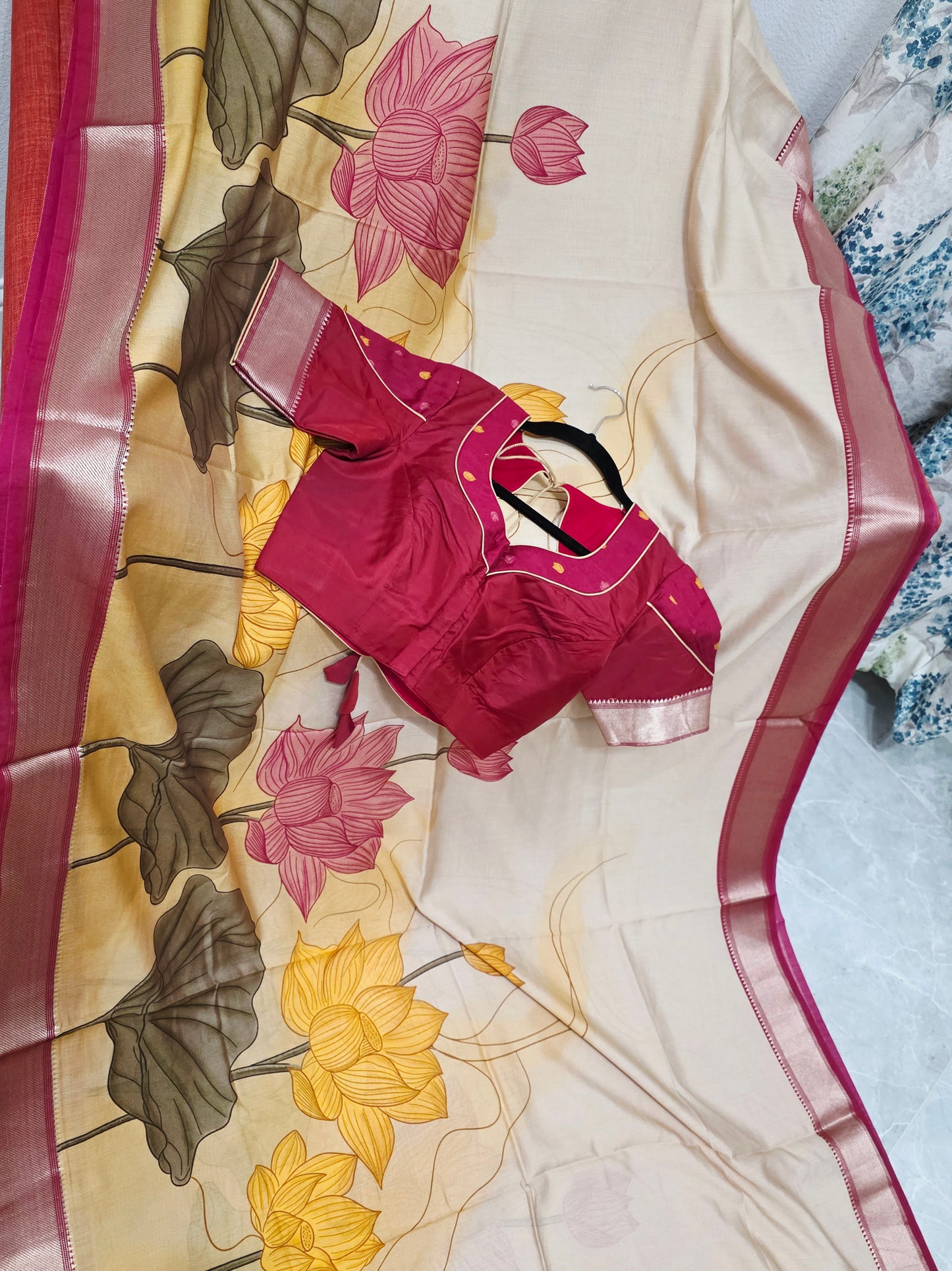 Champagne Peach Lotus Print Ruby Silk Saree with Stitched Blouse