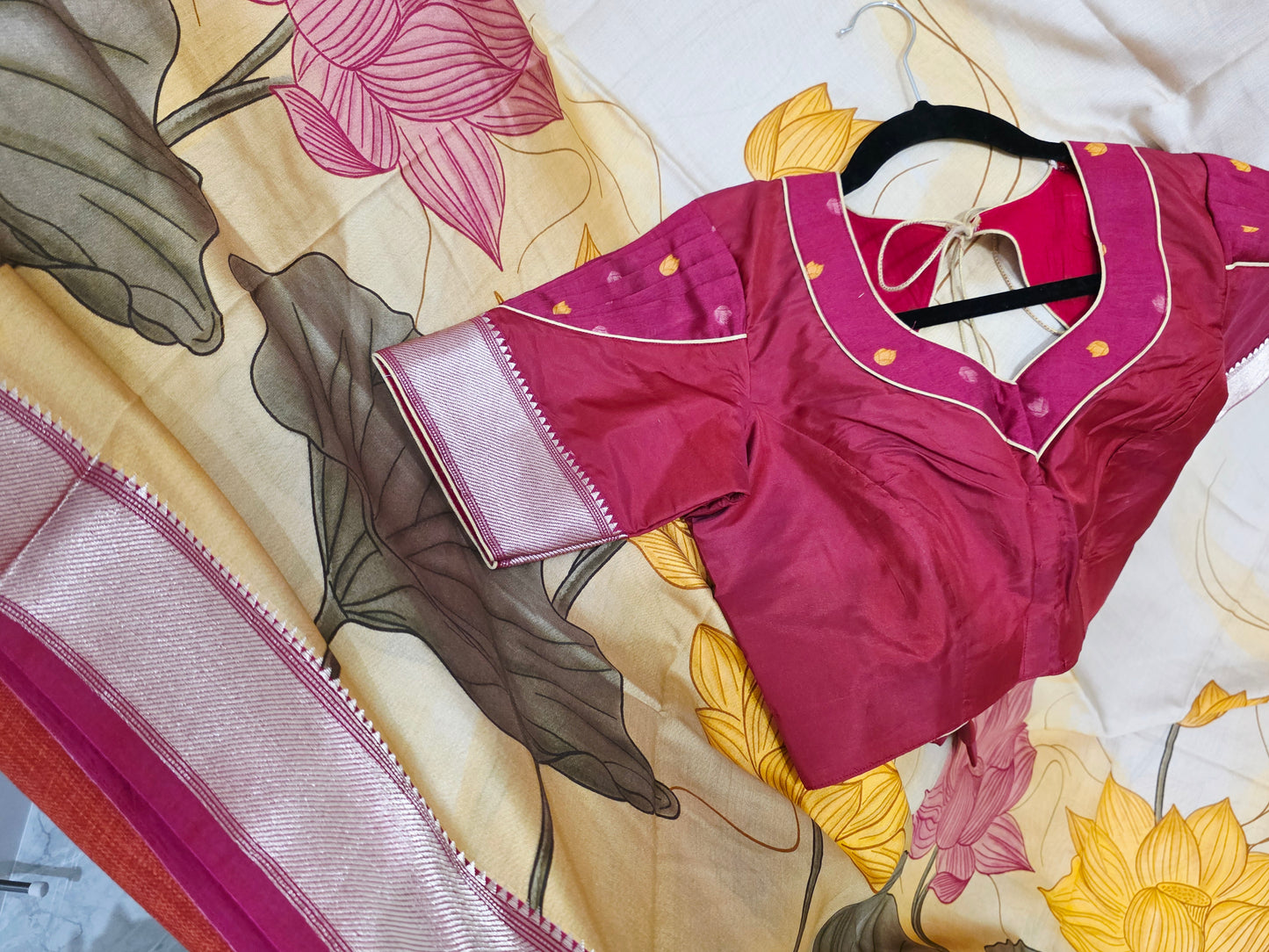 Champagne Peach Lotus Print Ruby Silk Saree with Stitched Blouse