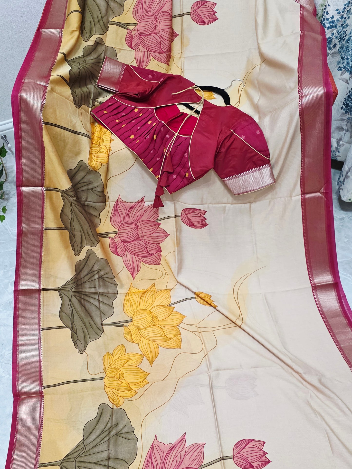 Champagne Peach Lotus Print Ruby Silk Saree with Stitched Blouse