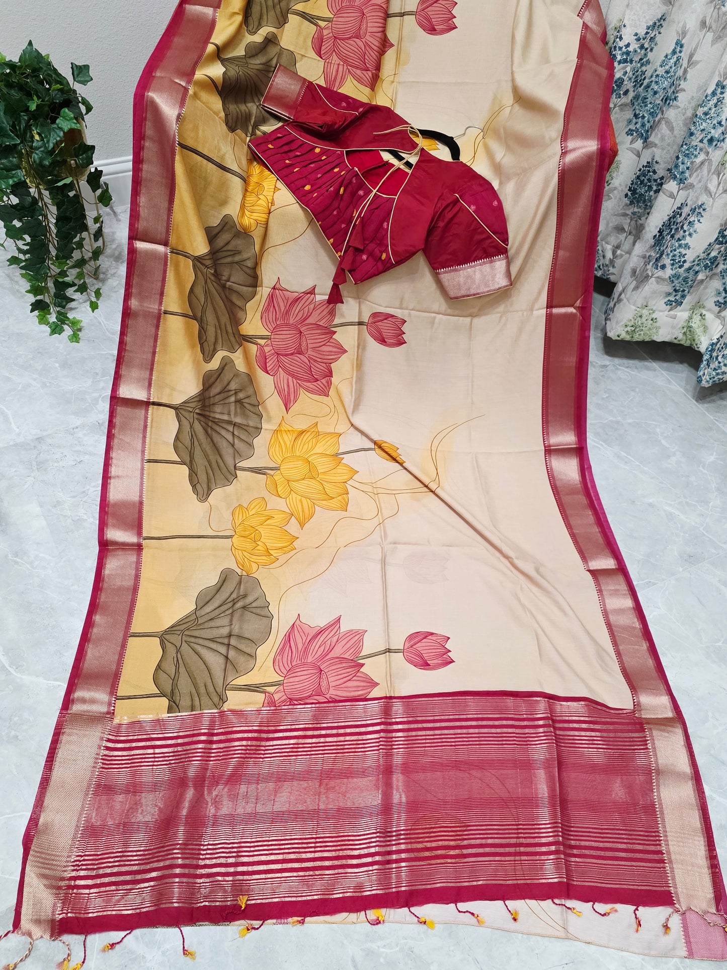 Champagne Peach Lotus Print Ruby Silk Saree with Stitched Blouse