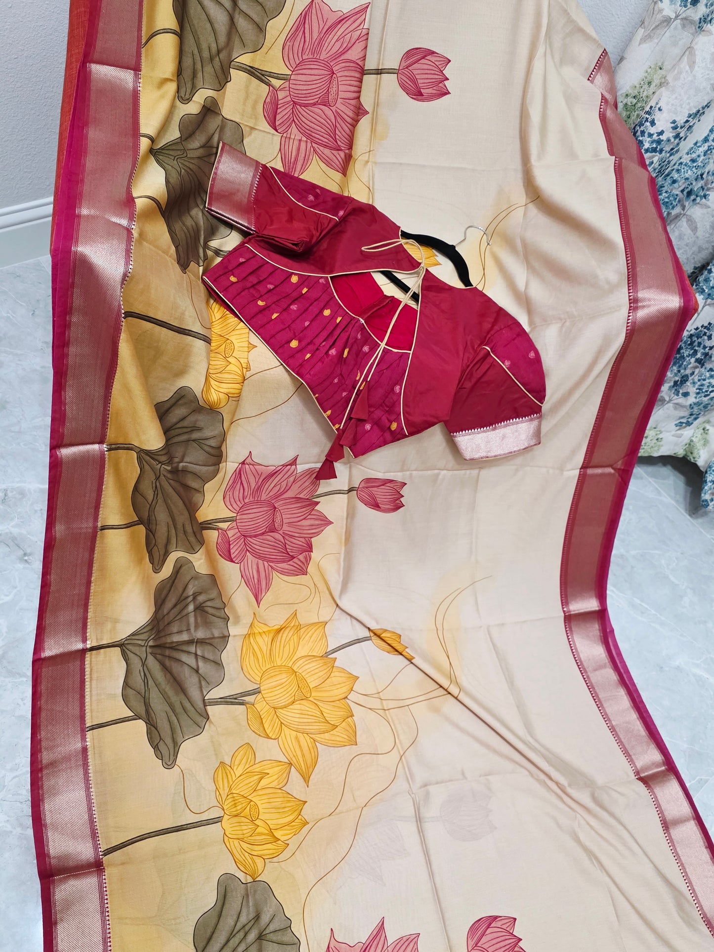 Champagne Peach Lotus Print Ruby Silk Saree with Stitched Blouse
