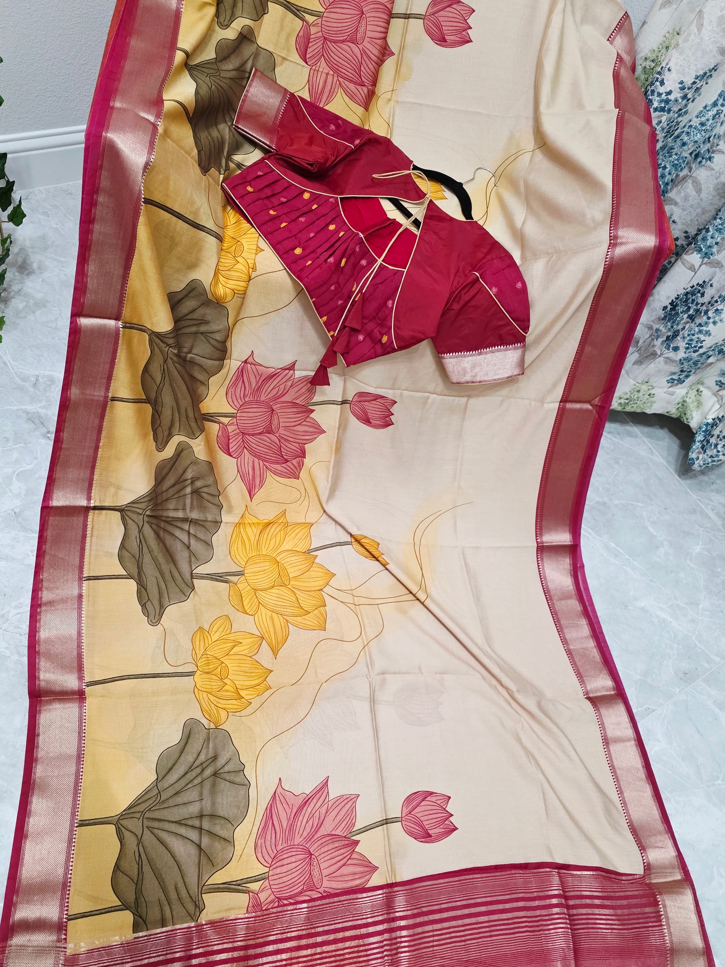 Champagne Peach Lotus Print Ruby Silk Saree with Stitched Blouse