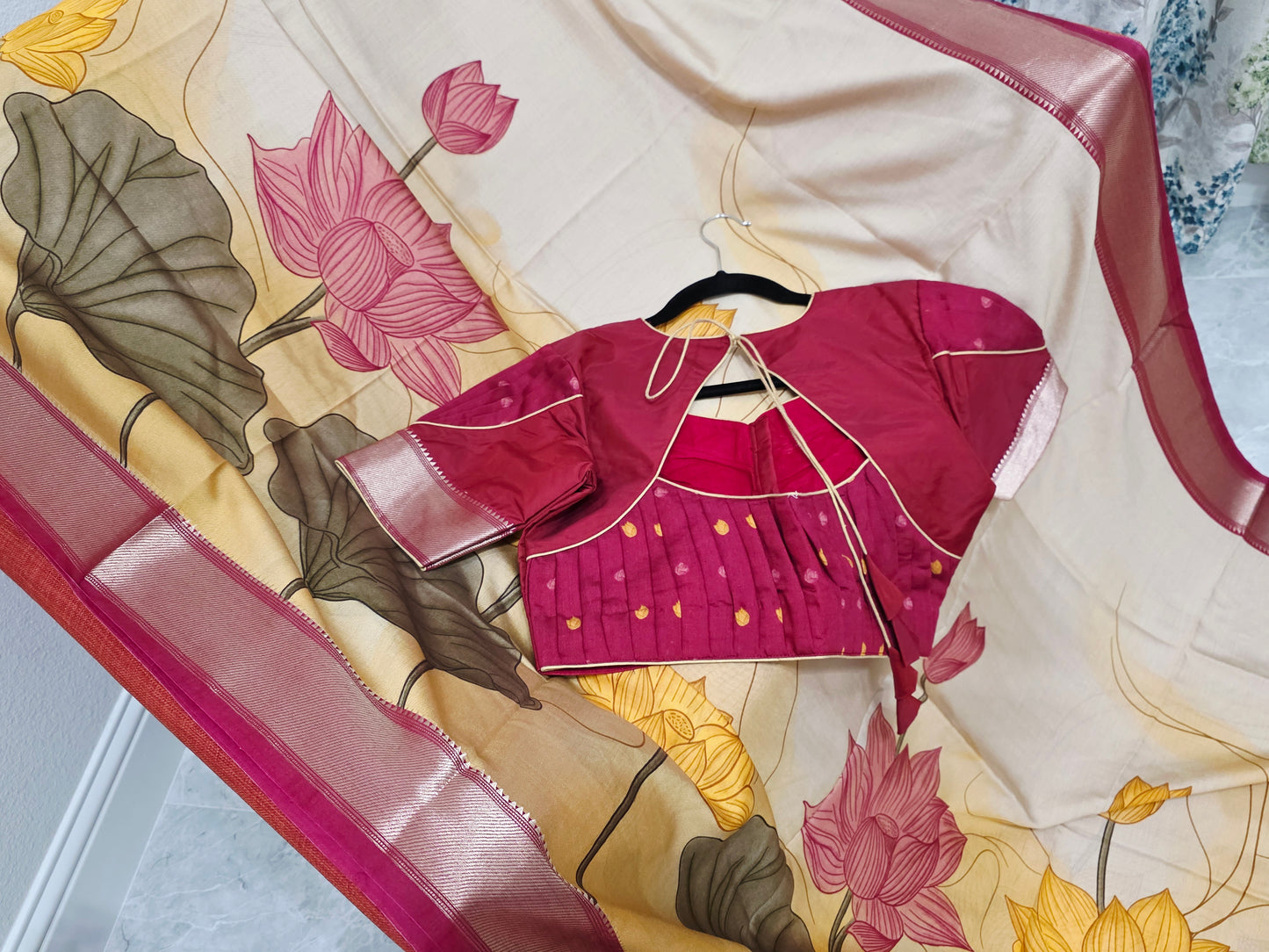 Champagne Peach Lotus Print Ruby Silk Saree with Stitched Blouse