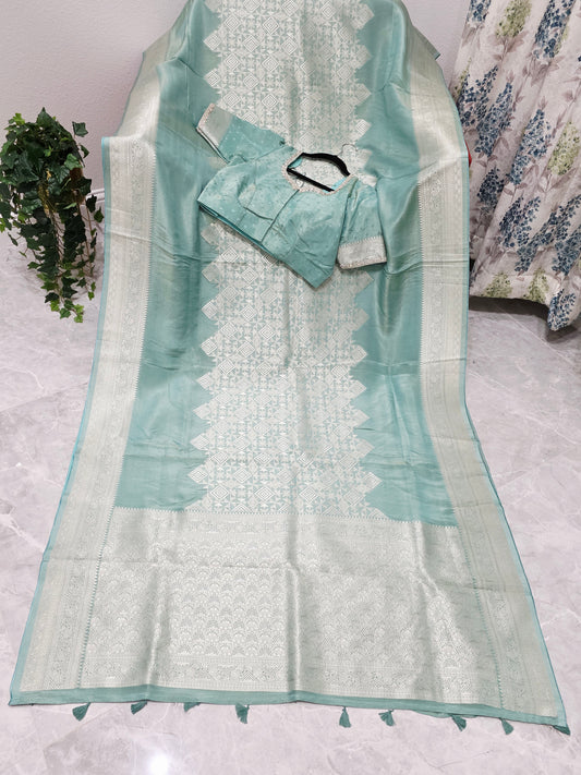 Celestial Mint Gold Geometry Soft Tissue Saree with Stitched Blouse