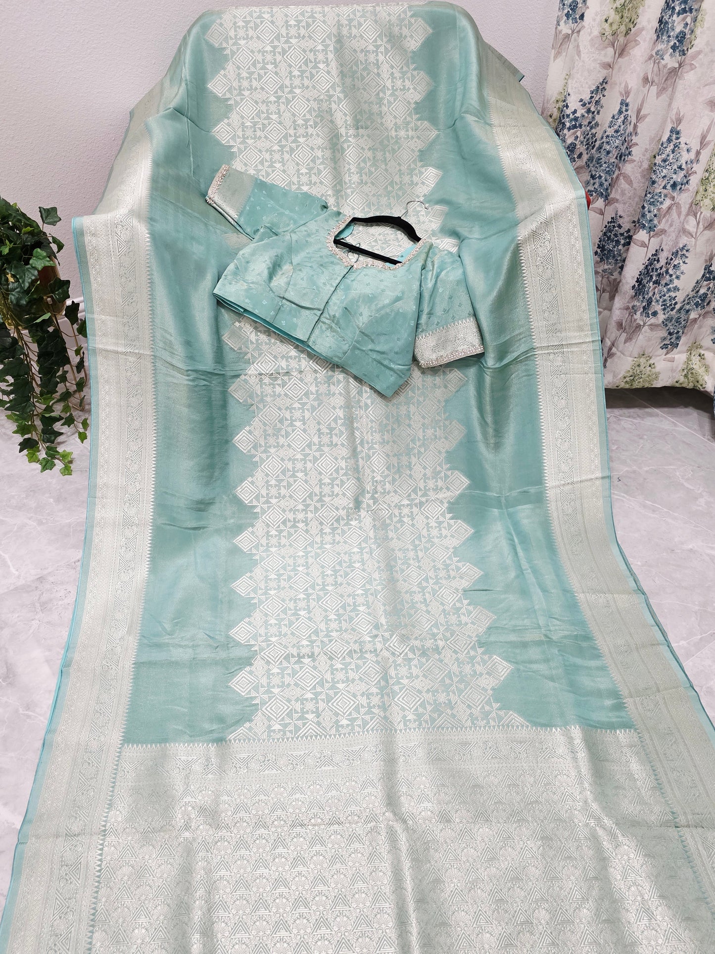 Celestial Mint Gold Geometry Soft Tissue Saree with Stitched Blouse