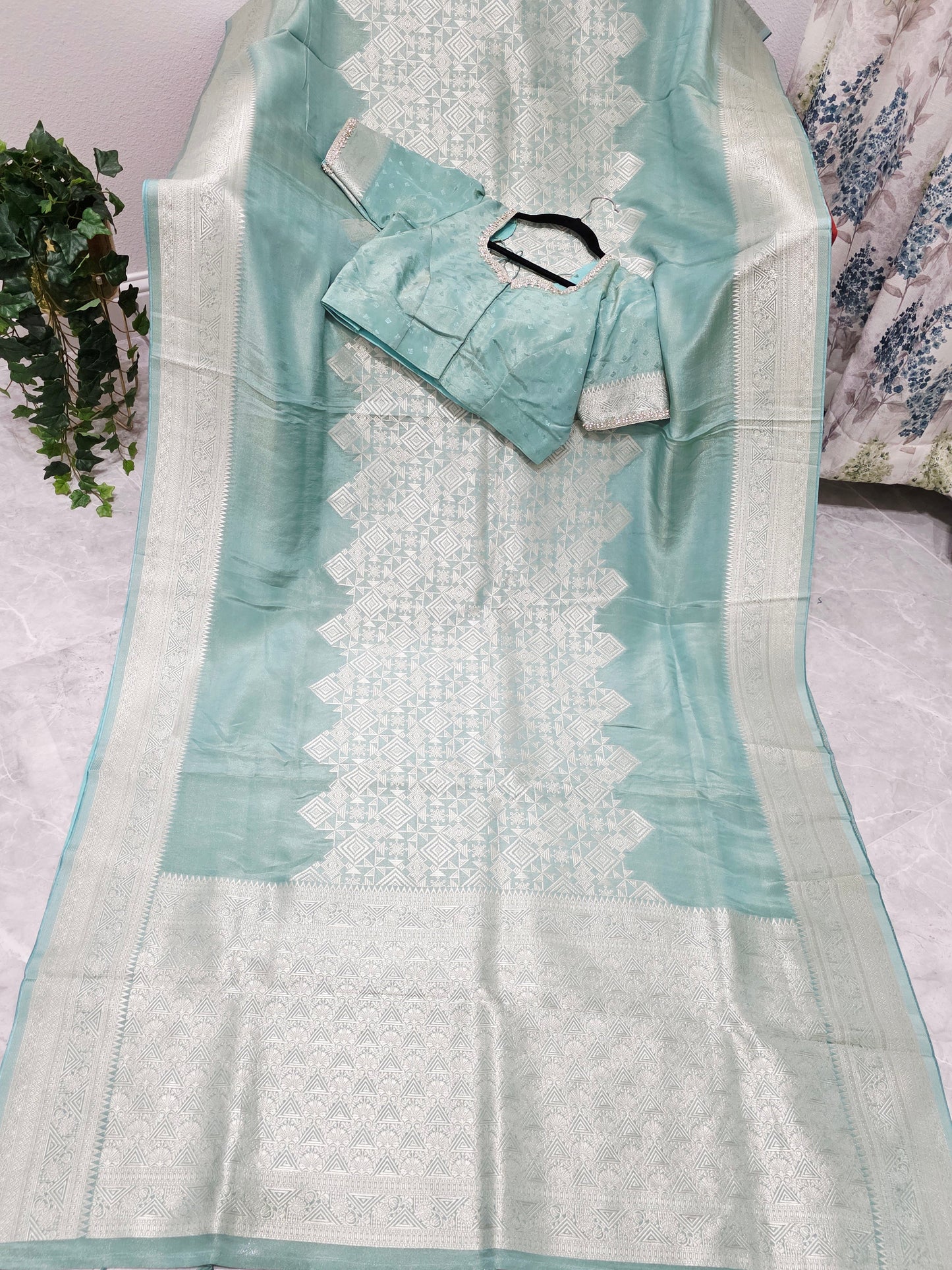 Celestial Mint Gold Geometry Soft Tissue Saree with Stitched Blouse