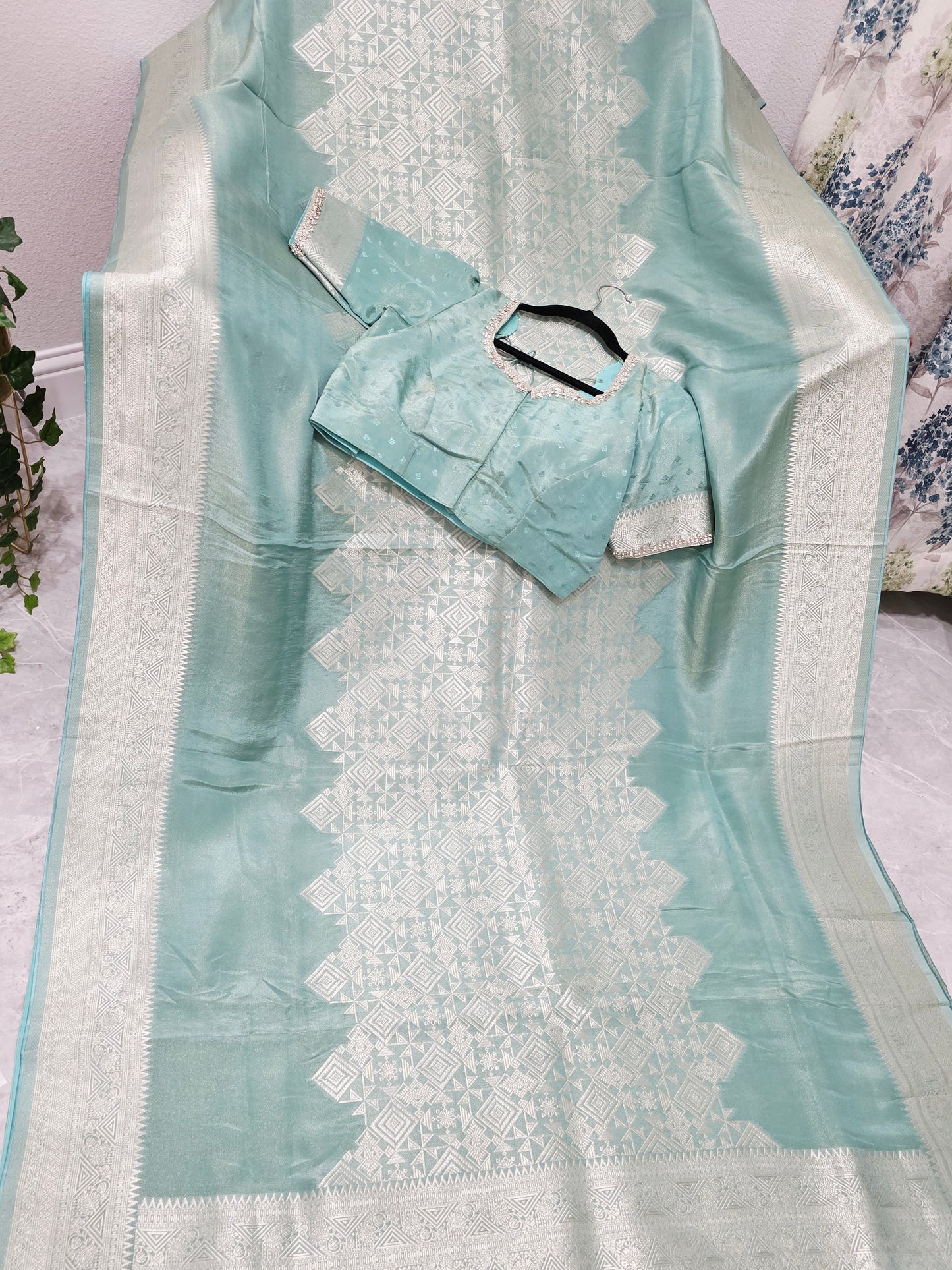 Celestial Mint Gold Geometry Soft Tissue Saree with Stitched Blouse