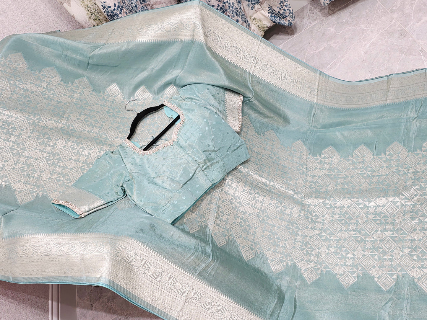 Celestial Mint Gold Geometry Soft Tissue Saree with Stitched Blouse