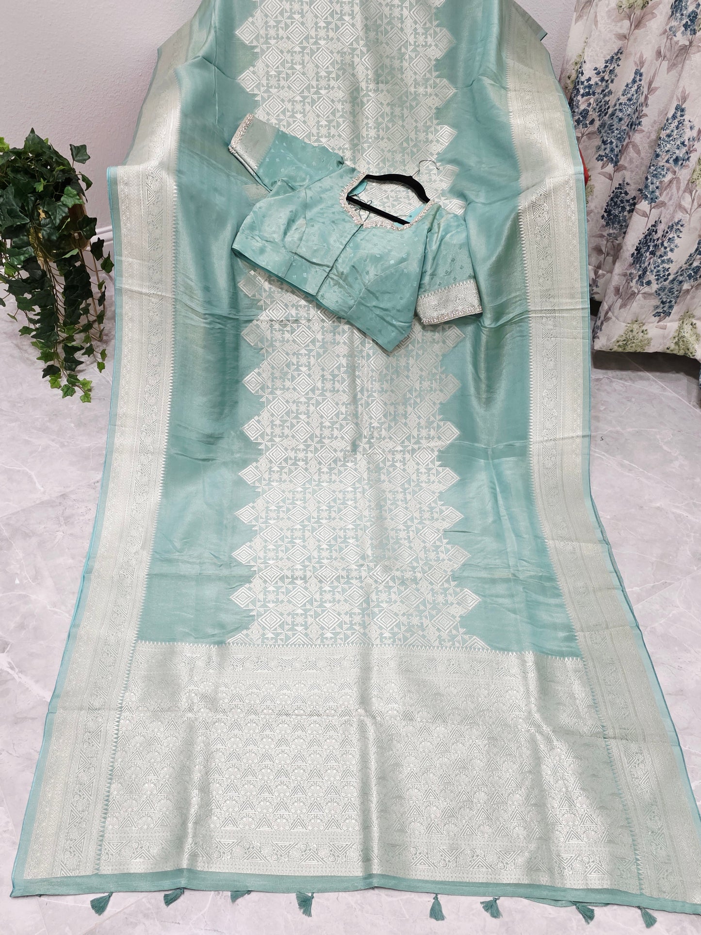 Celestial Mint Gold Geometry Soft Tissue Saree with Stitched Blouse
