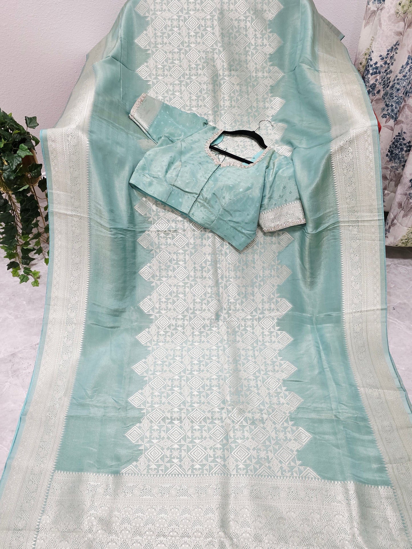 Celestial Mint Gold Geometry Soft Tissue Saree with Stitched Blouse