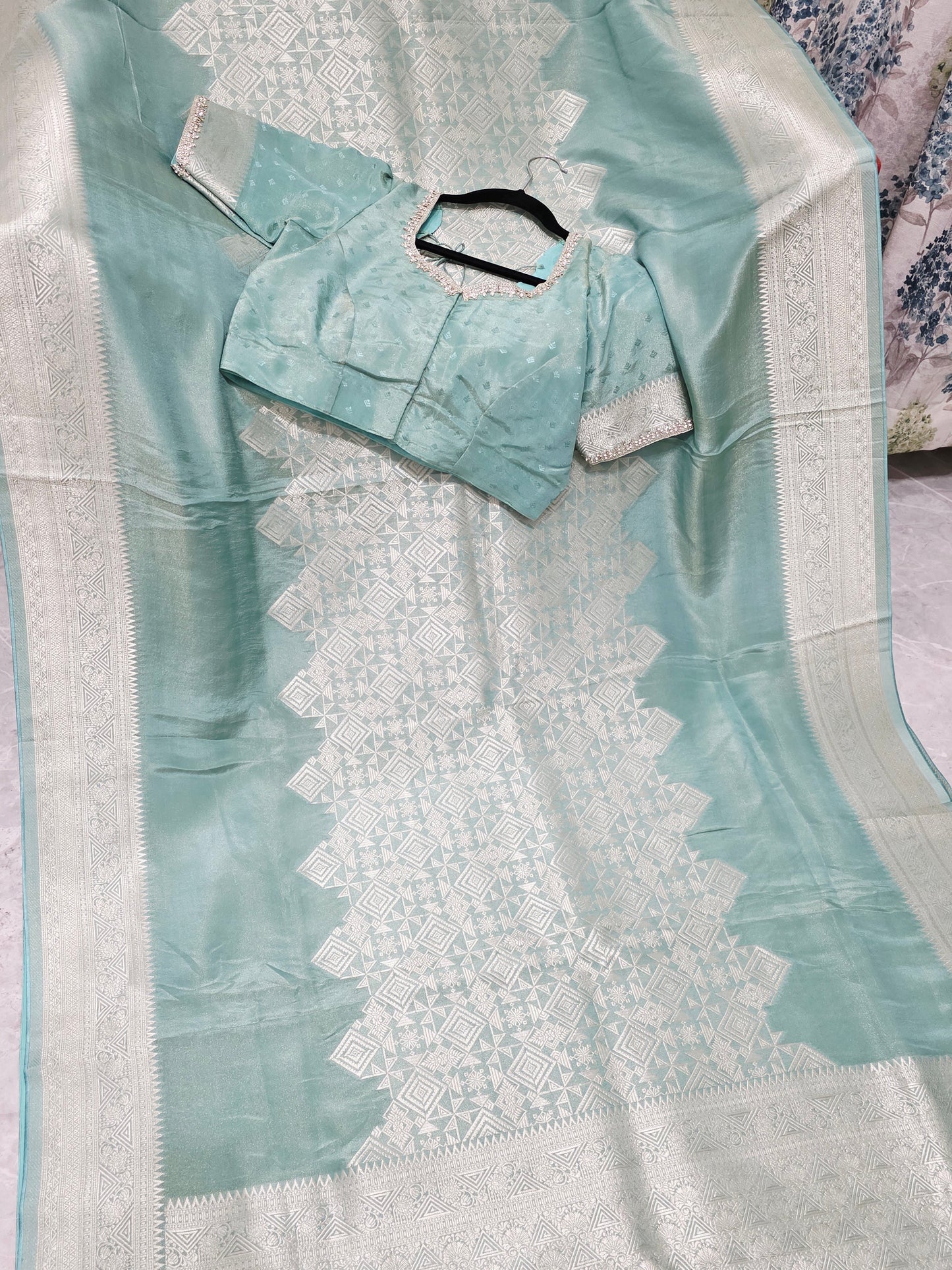 Celestial Mint Gold Geometry Soft Tissue Saree with Stitched Blouse
